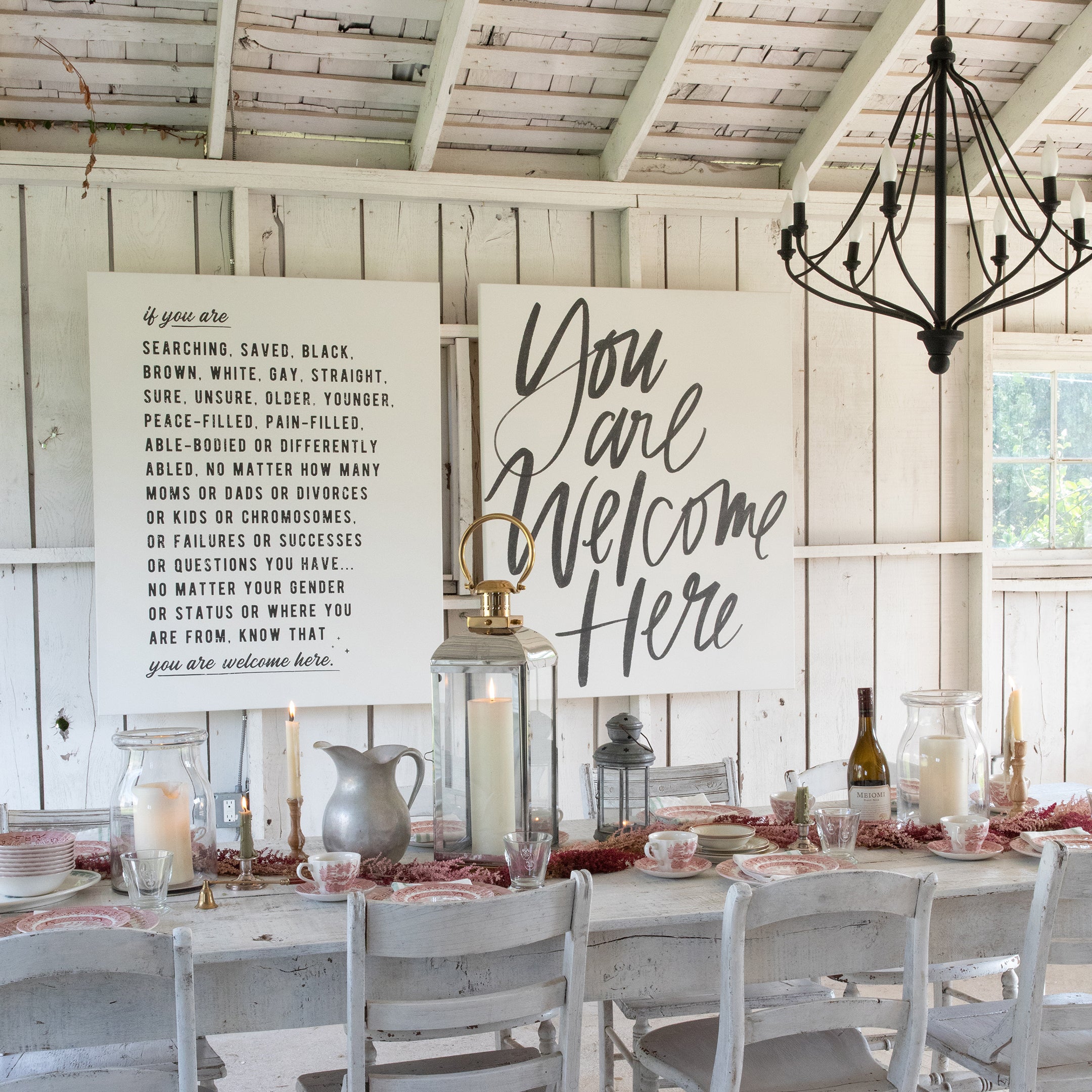 Unframed Welcome Here Manifesto Type & You Are Welcome Here Lettering unframed canvases in Alabaster, each sized 40 x 50