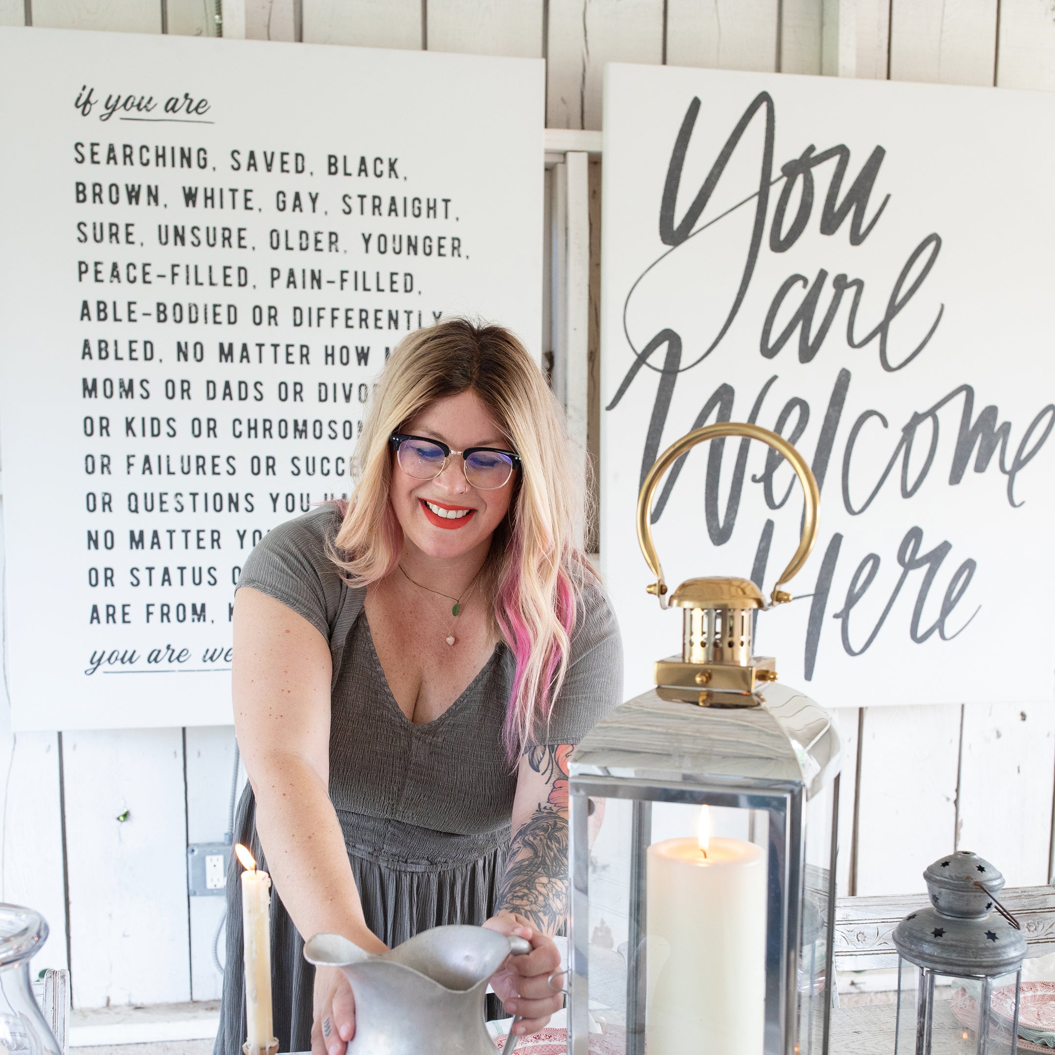 Unframed Welcome Here Manifesto Type & You Are Welcome Here Lettering unframed canvases in Alabaster, each sized 40 x 50