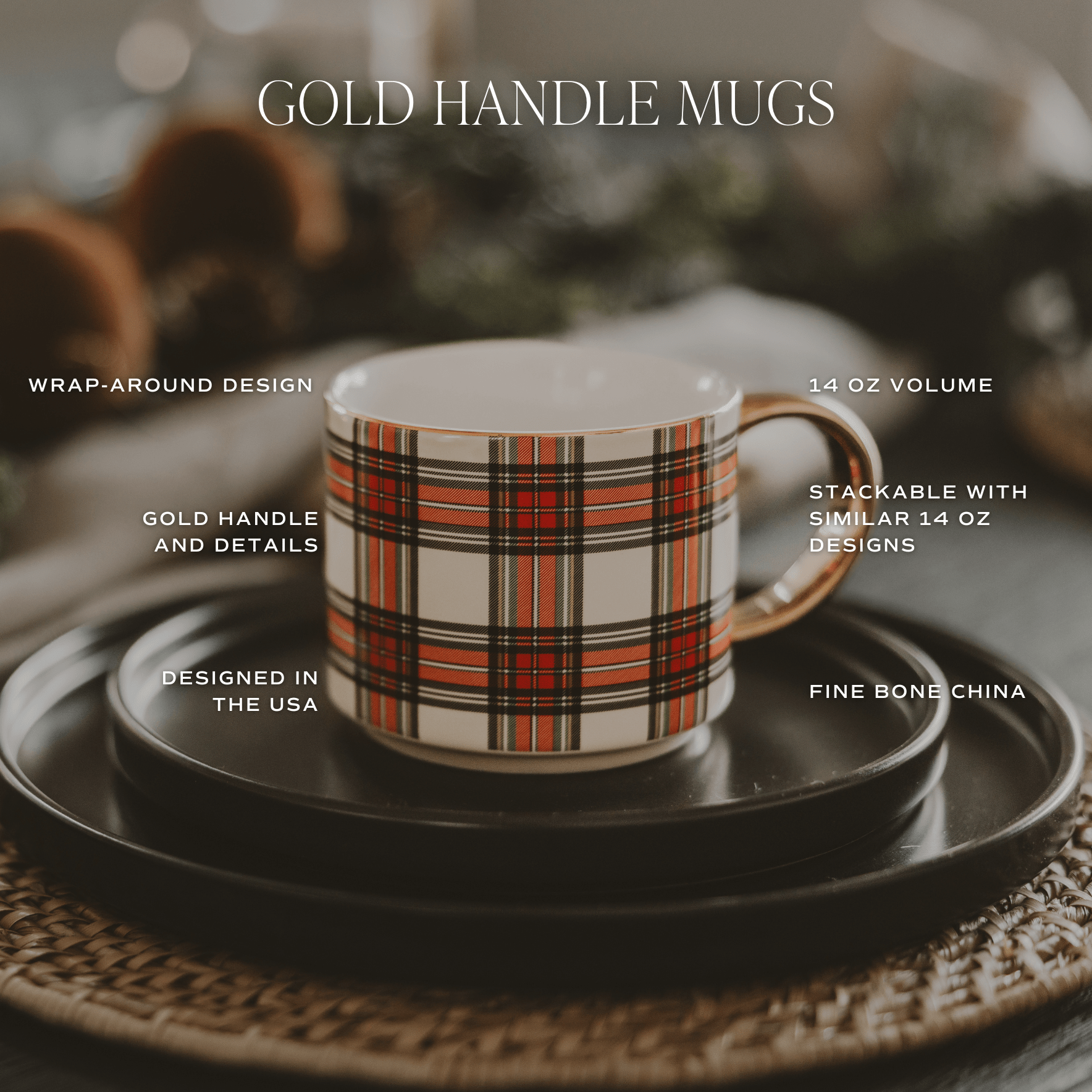 White Plaid 14oz. Gold Handle Coffee Mug