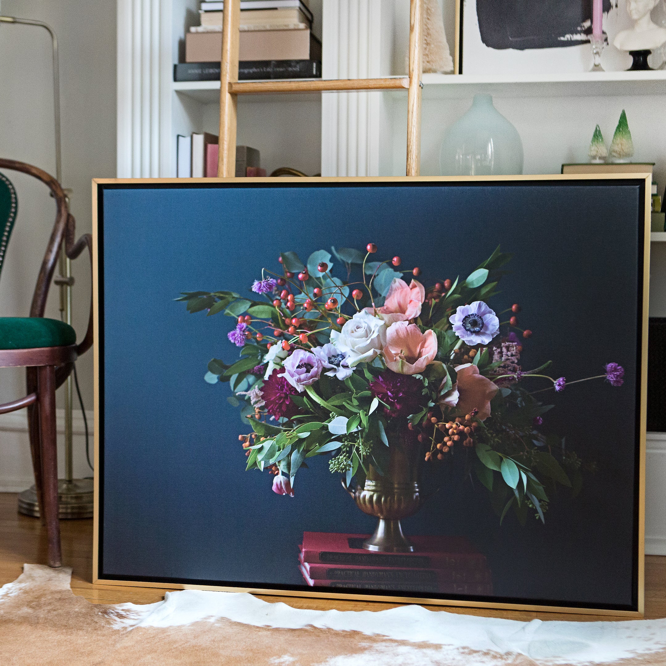 Dutch Blue Floral canvas framed in gallery gold, size 50 x 40