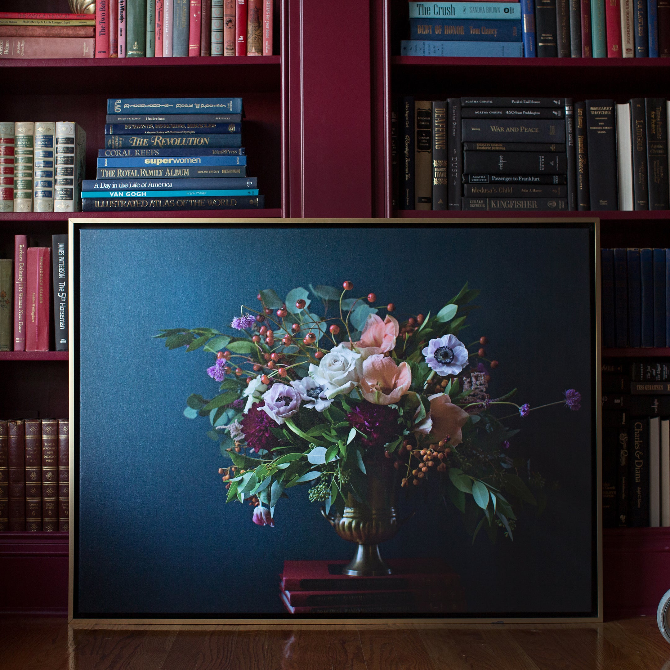 Dutch Blue Floral canvas framed in gallery gold, size 50 x 40