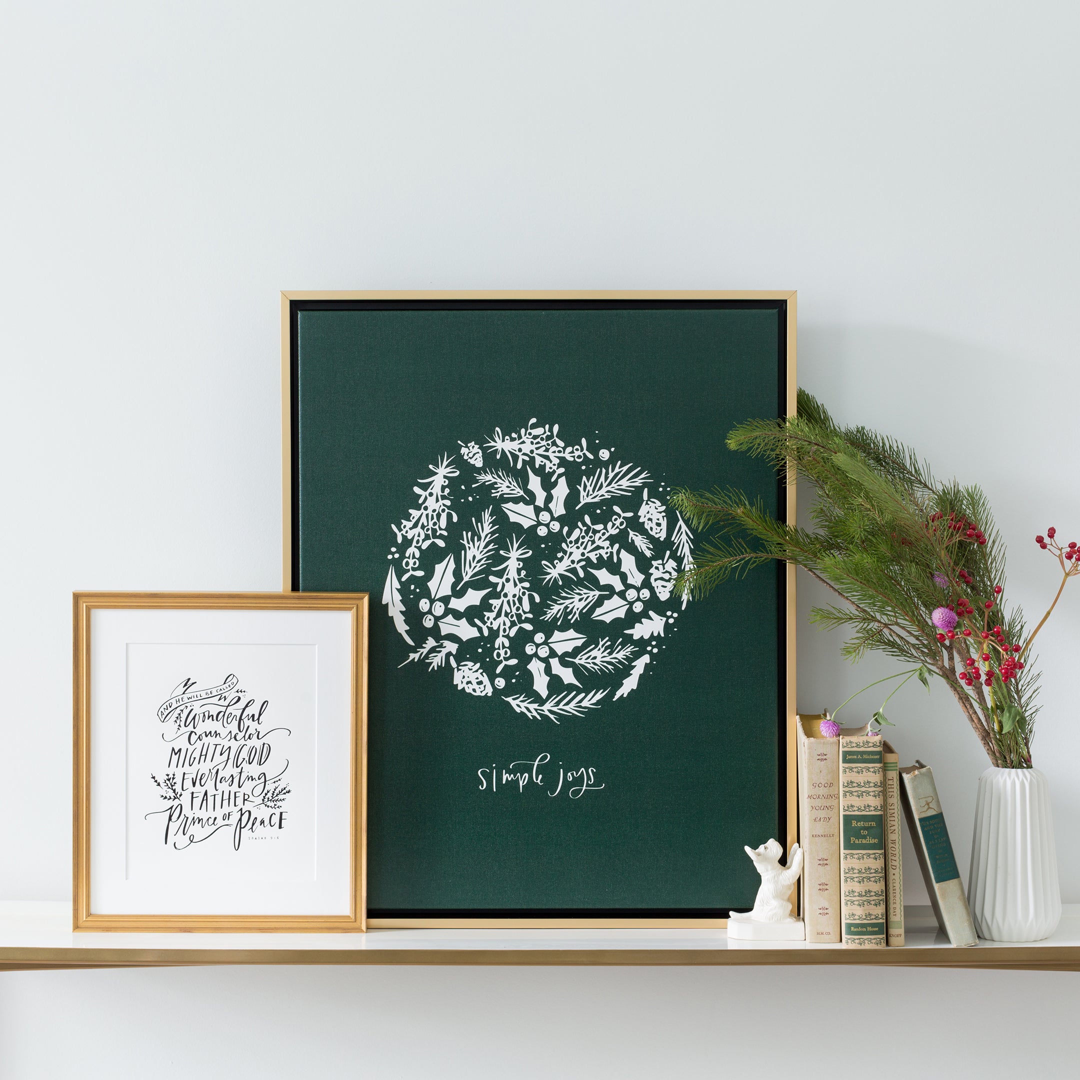 Wonderful Counselor unframed art print in White, size 8 x 10 with Simple Joys canvas in Evergreen framed in Gallery Gold, size 20 x 24