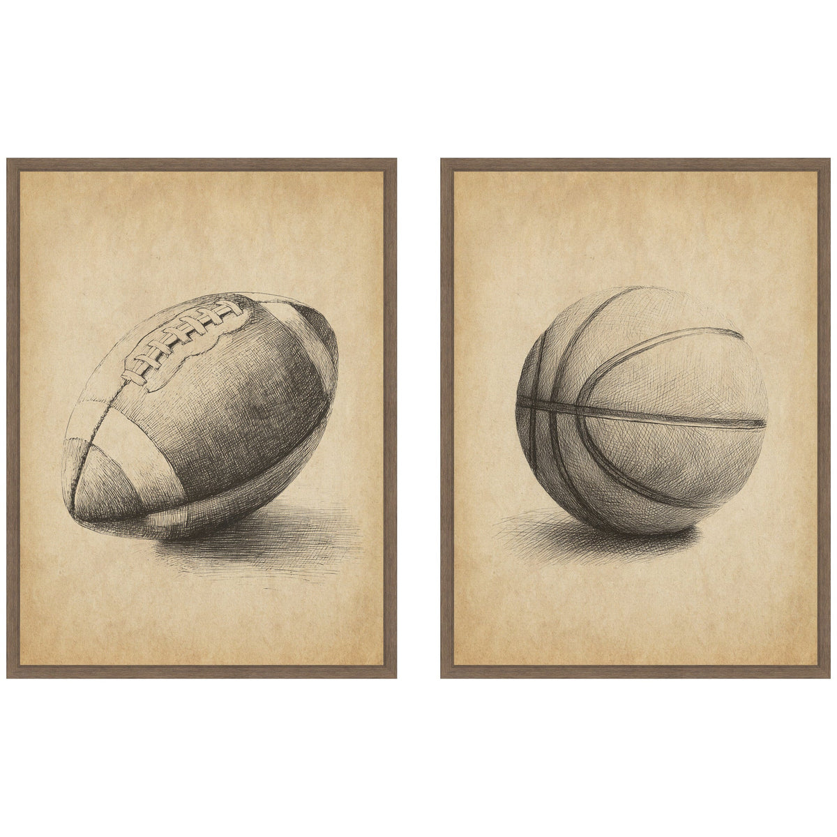 Vintage Football & Basketball 2 Piece Framed Canvas Wall Art Set by The Creative Bunch Studio