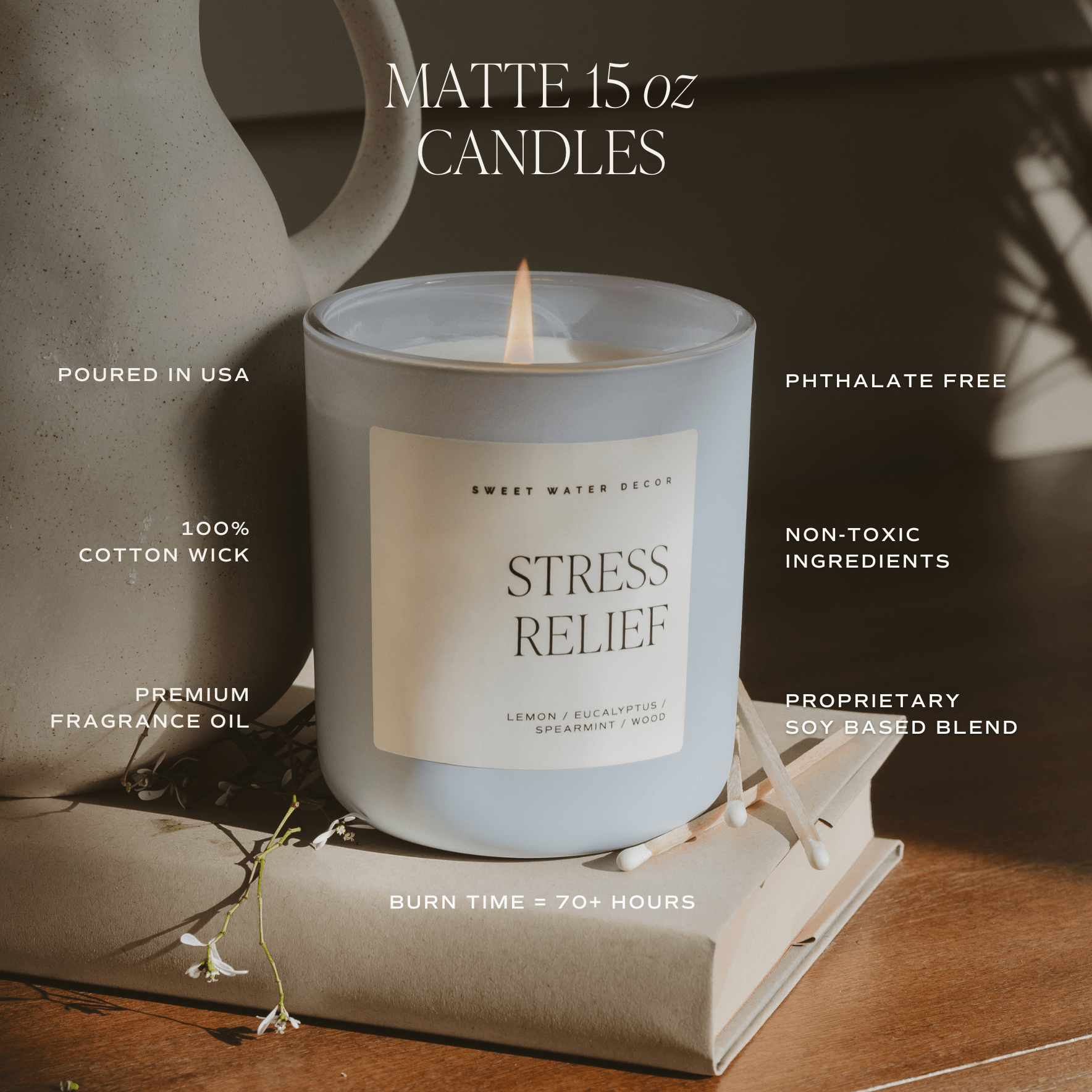 Stress Relief Soy Candle (15 oz Blue Matte Jar)