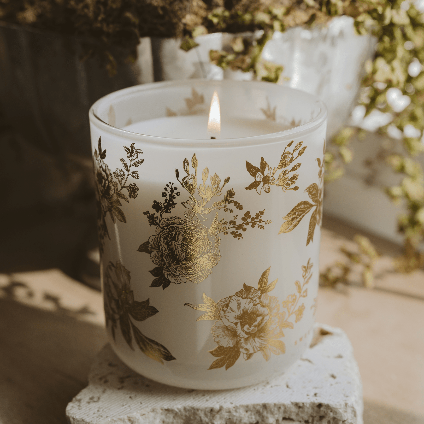 Gold Floral Soy Candle - White Translucent Tinted Glass Jar - 12 oz (Fresh Apple Blossom)