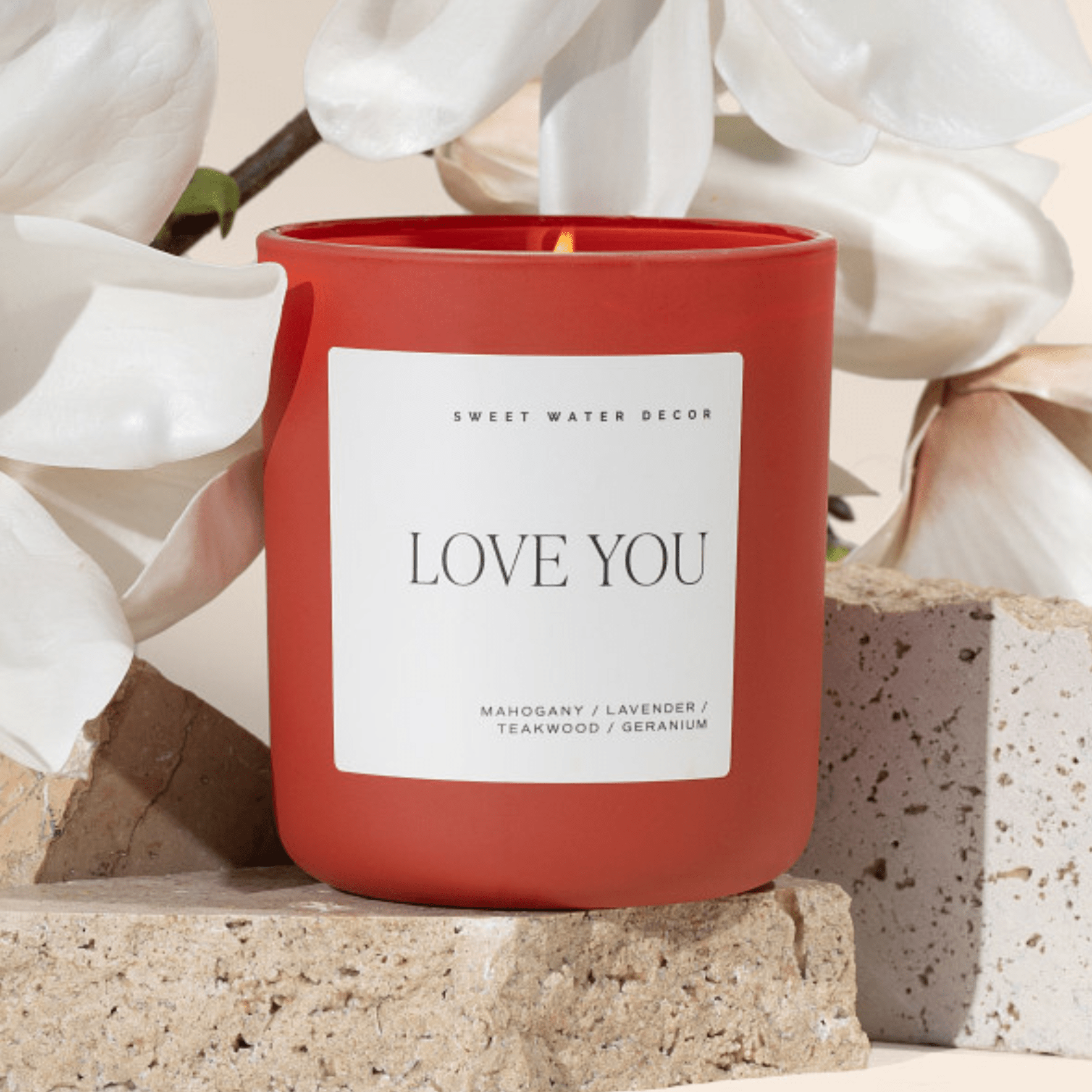 Love You Soy Candle (15 oz Red Matte Jar - Driftwood and Mahogany)