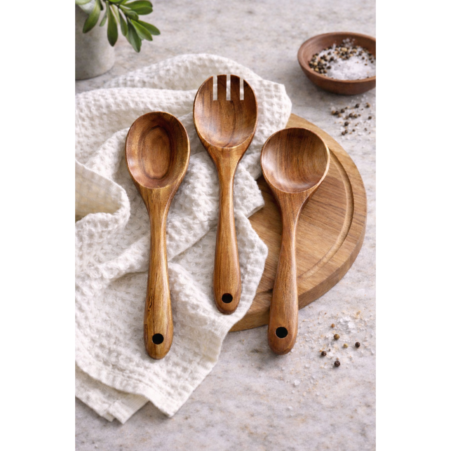 Teak Wooden Salad Spoons, Set of 3