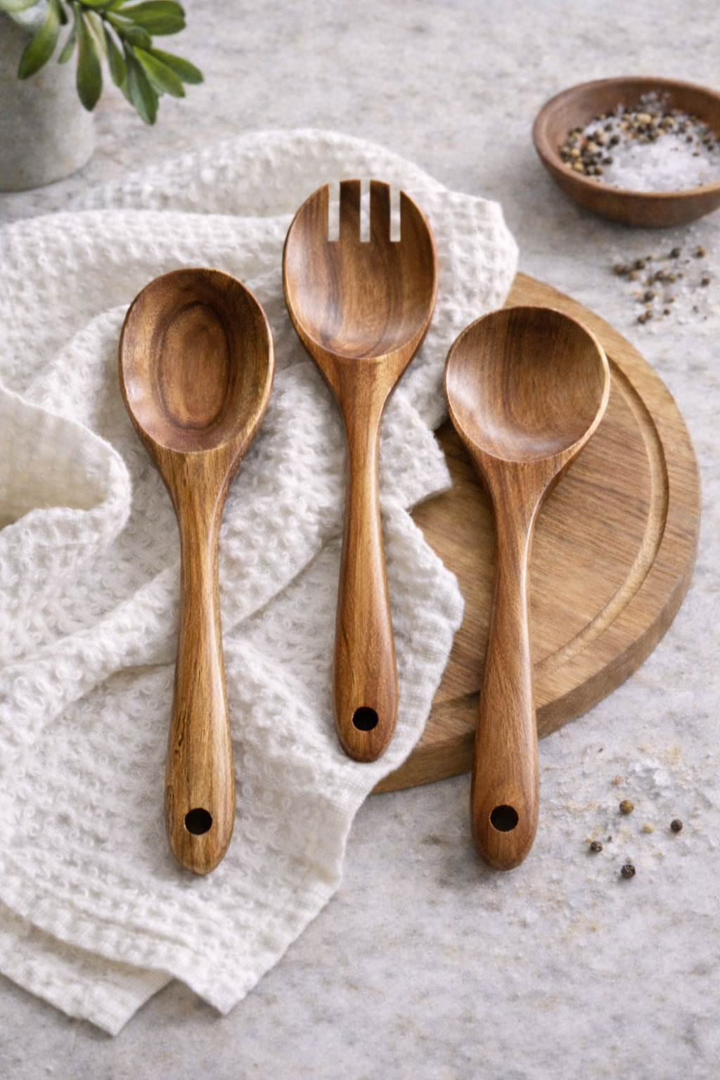 Teak Wooden Salad Spoons, Set of 3