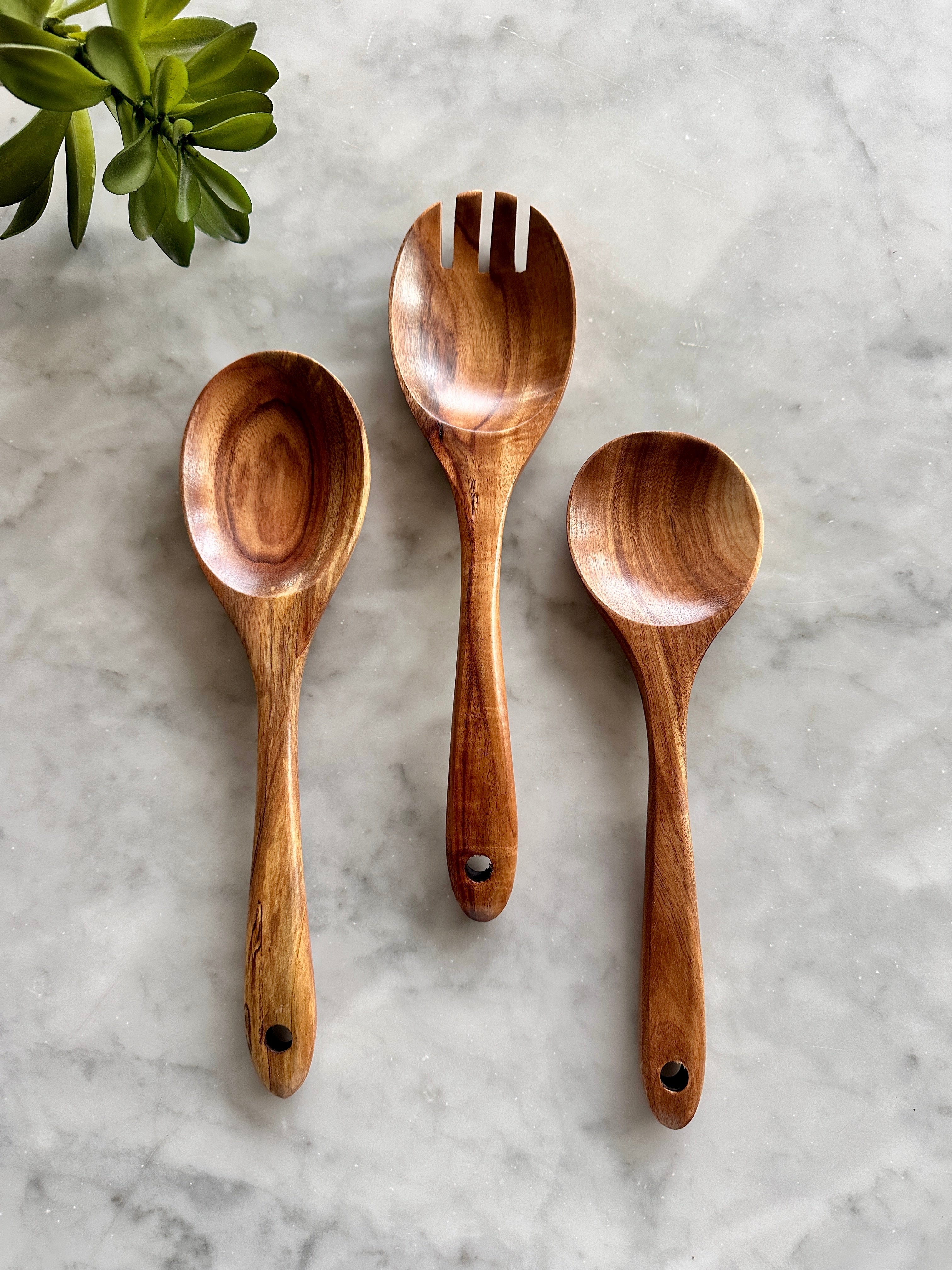 Teak Wooden Salad Spoons, Set of 3