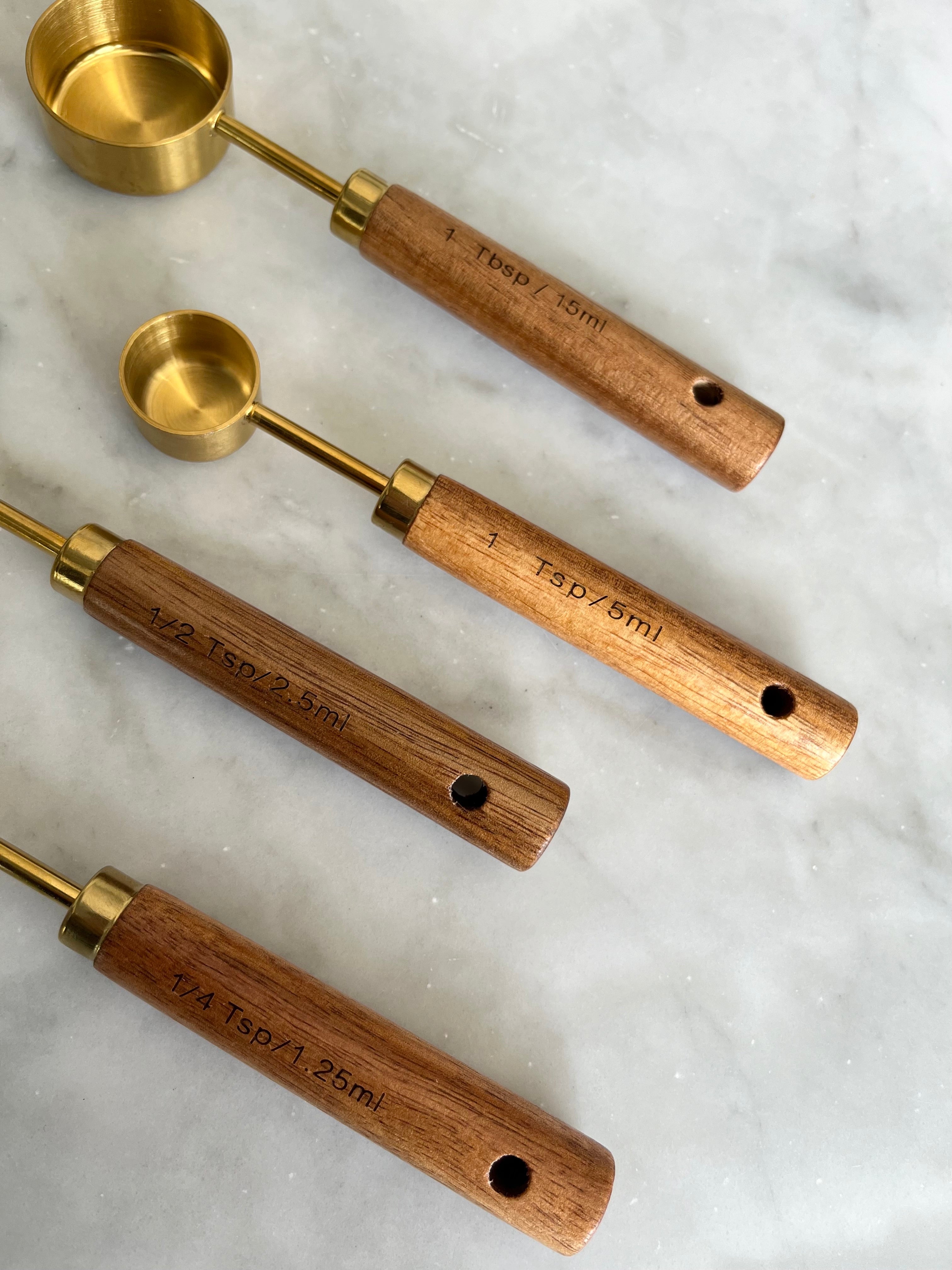 Acacia Wood and Gold Measuring Cups, Set of 8