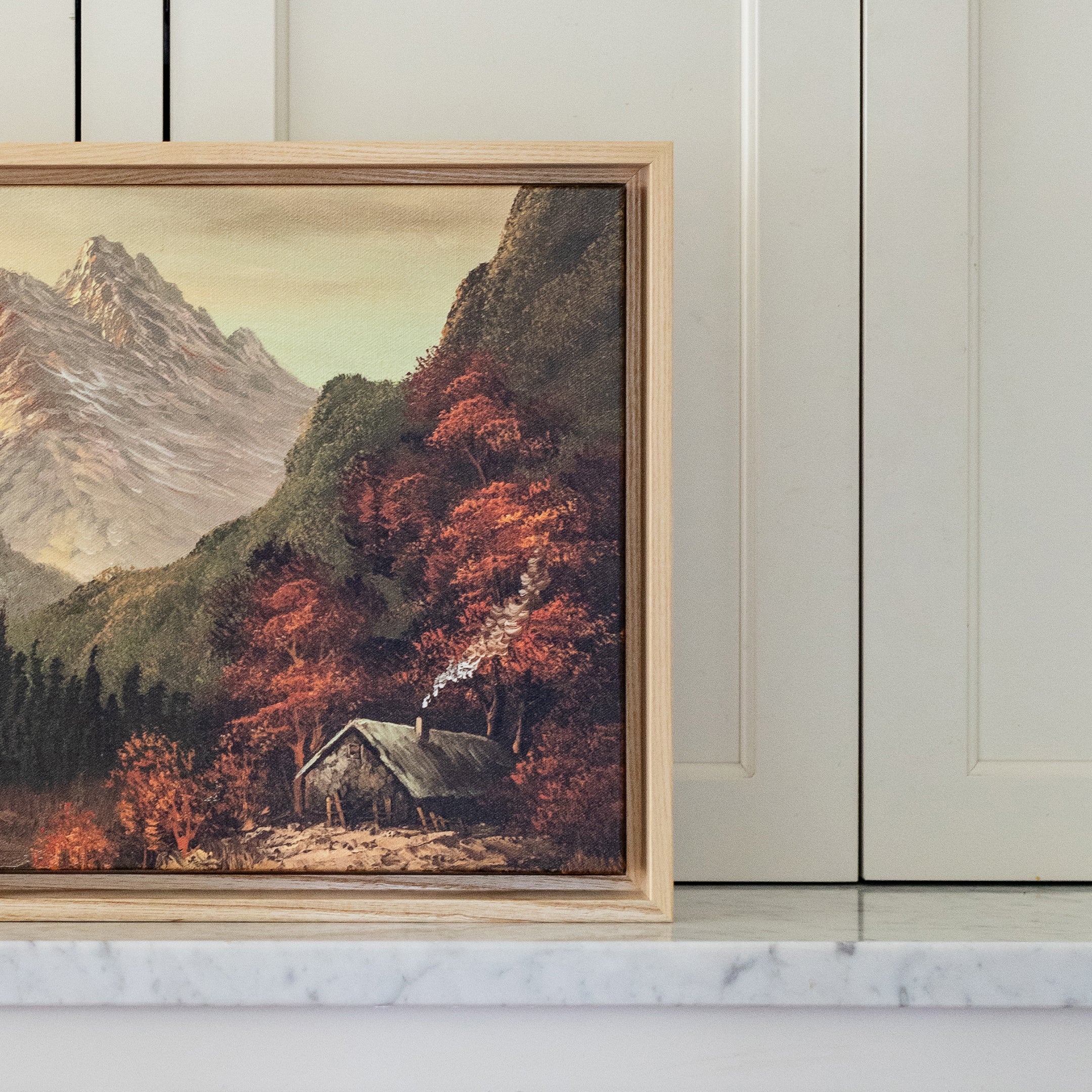 Details of Cabin In The Smokies canvas framed in Gallery Natural, size 18 x 12