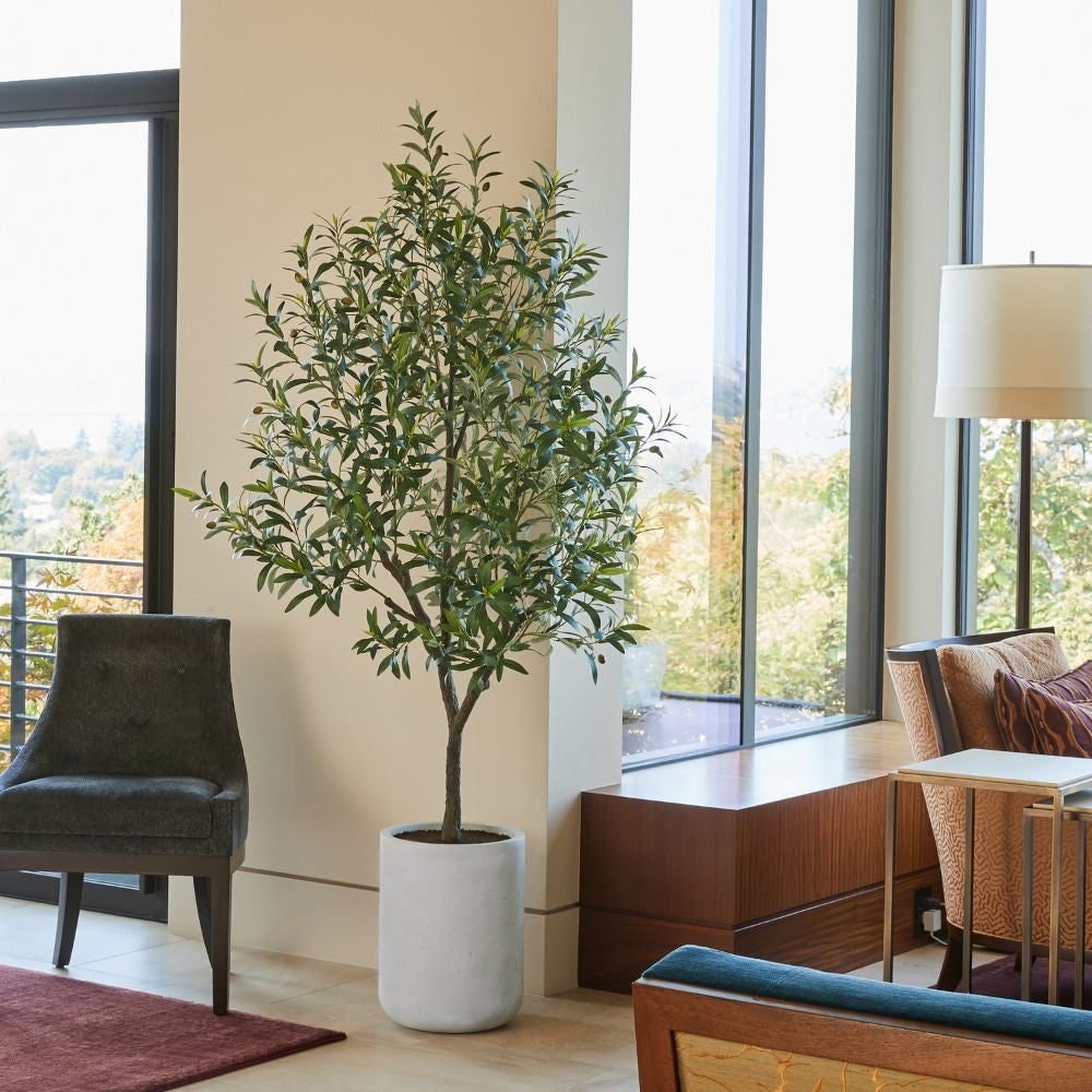 indoor olive tree planter Artificial 7' Olive Tree with Artisan Mediterranean Planter