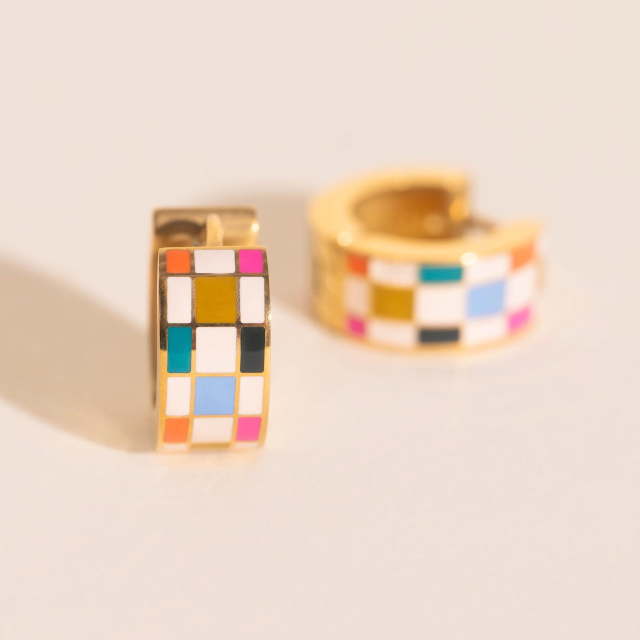 Bright Checkered Super Chunky Huggie Hoop Earrings