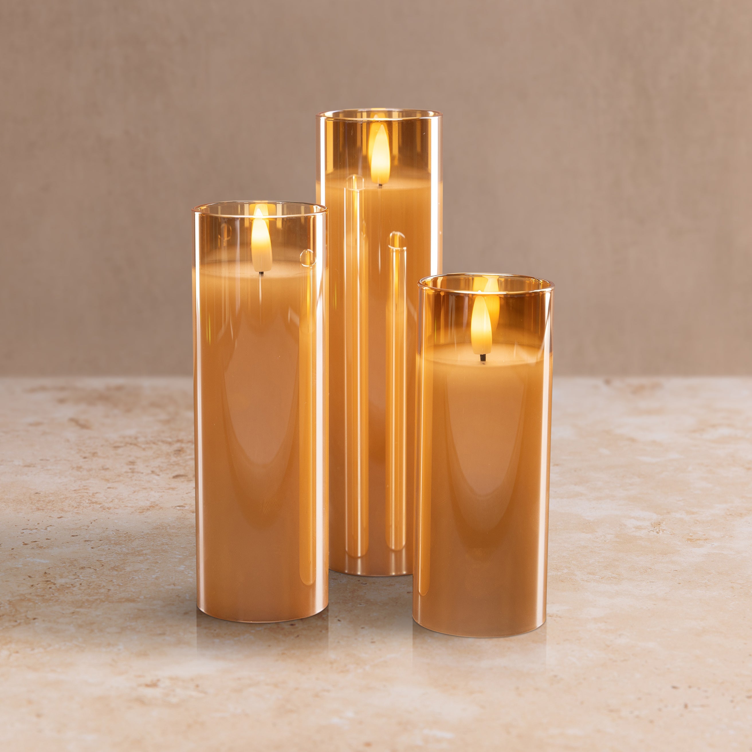 Amber Pillar Flameless LED Glass Candle (Slender – Set of 3)