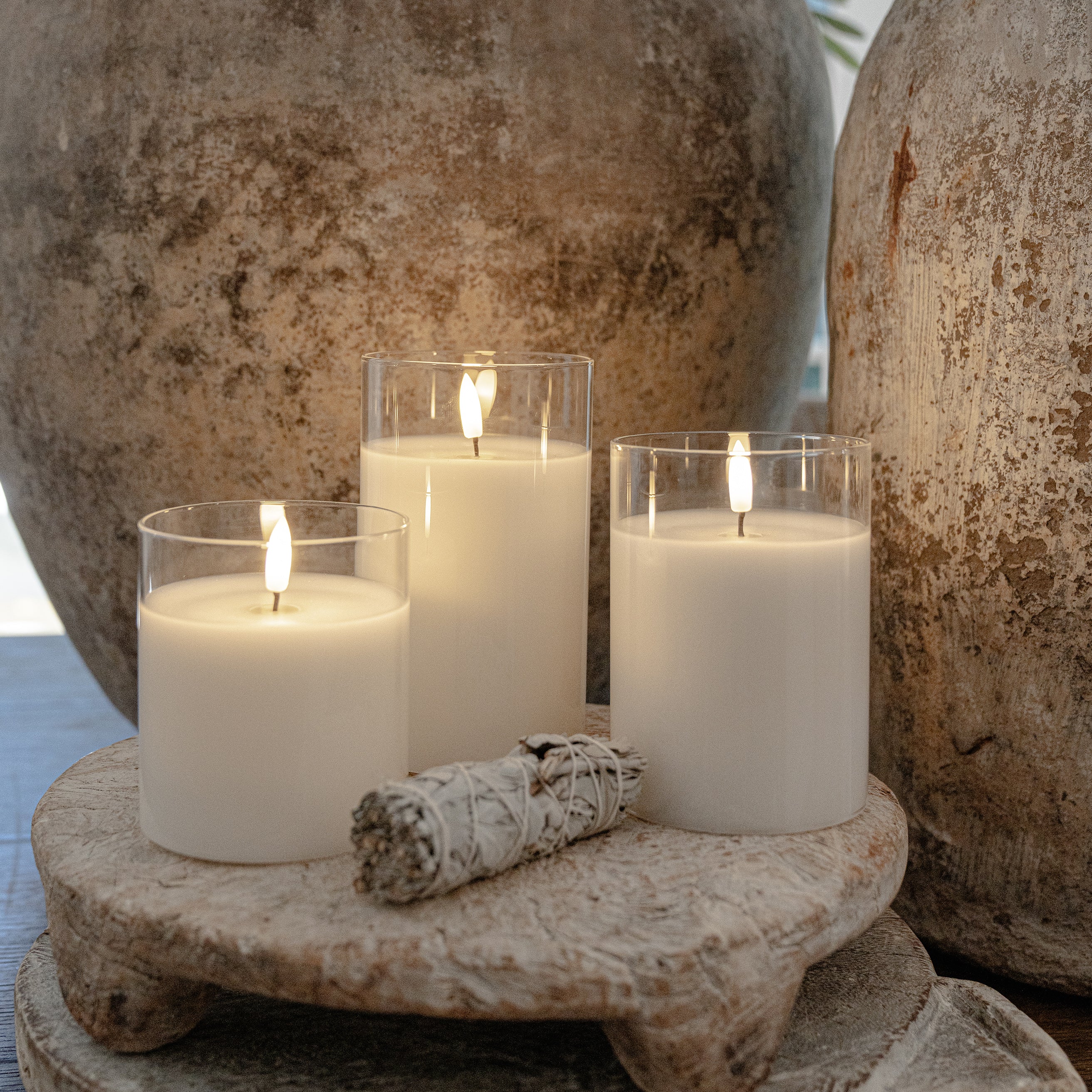 White Pillar Flameless LED Glass Candle (Set of 3)