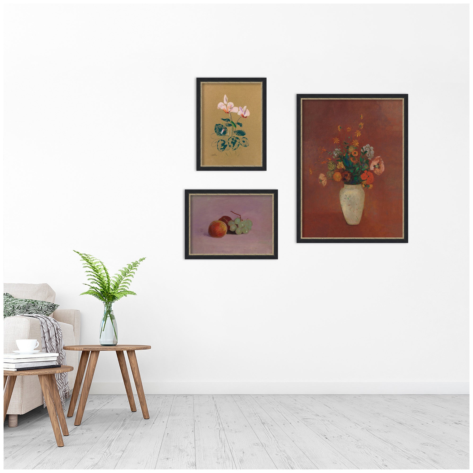 3 Piece Framed Wall Art Print Set (Cyclamen, Still Life with Fruit, & Bouquet in a Chinese Vase)