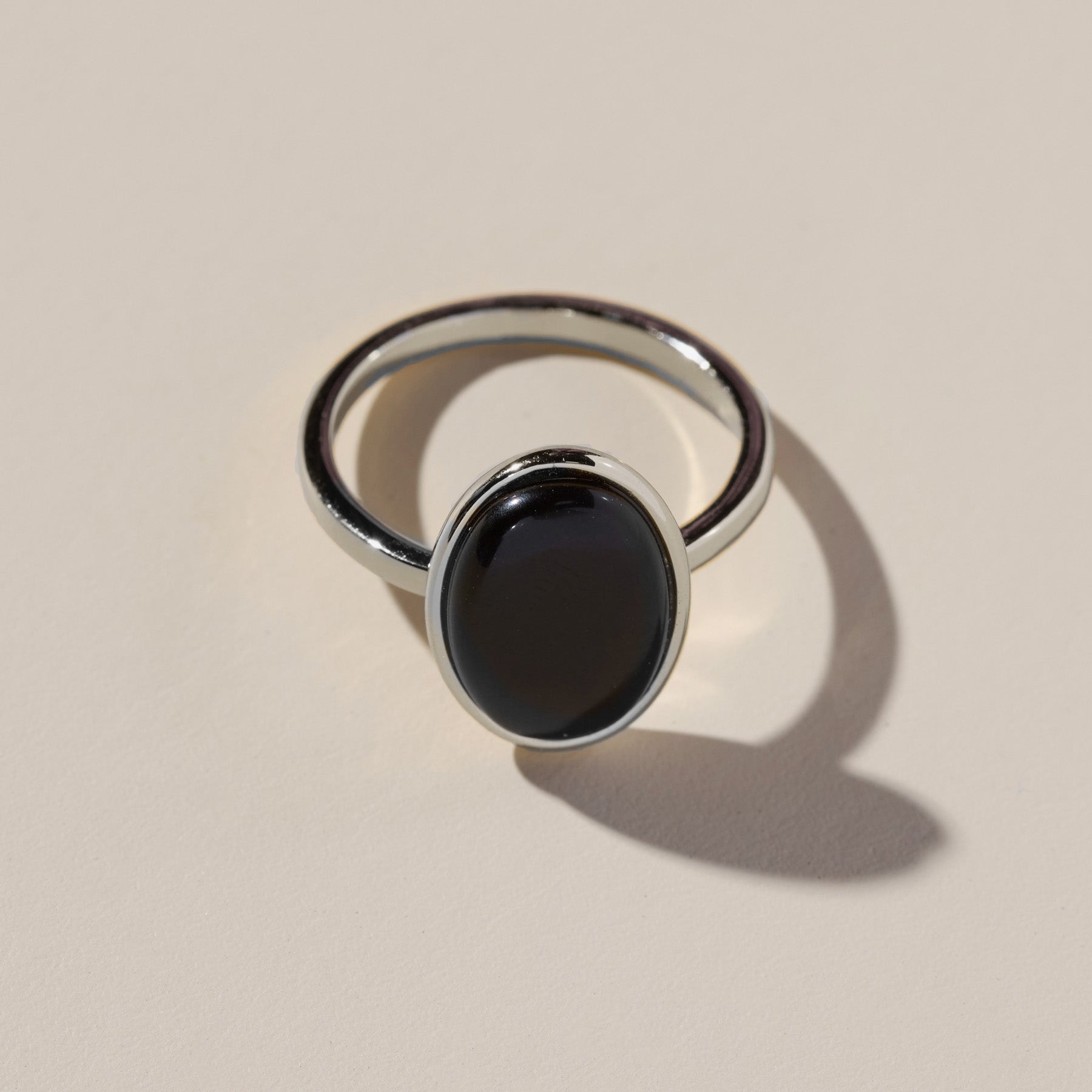 Black Oval Stone Ring in Silver