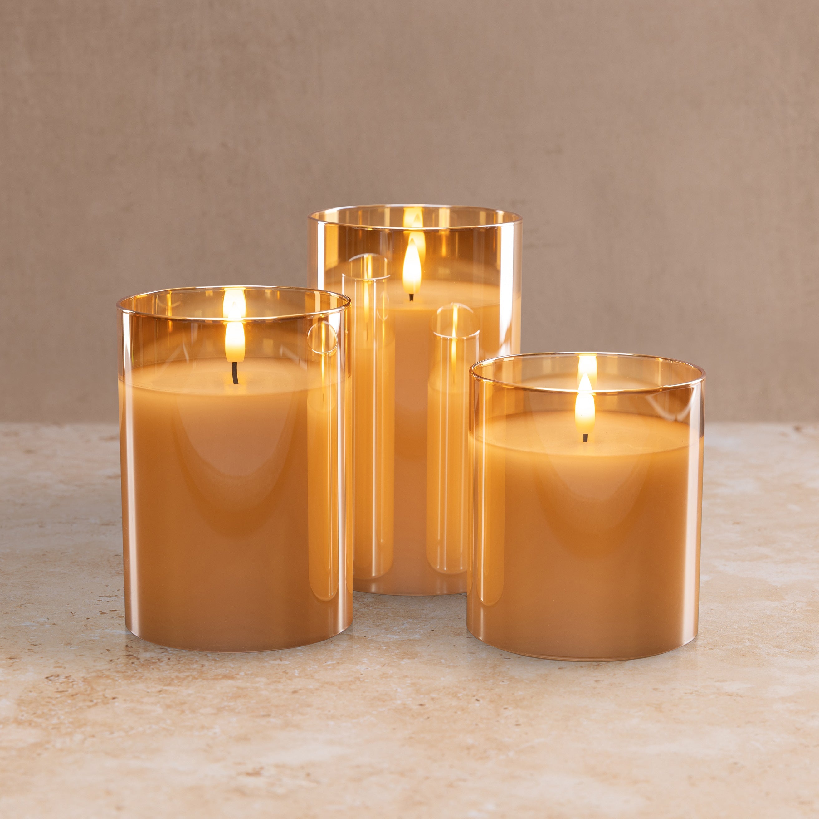 Amber Pillar Flameless LED Glass Candle (Set of 3)