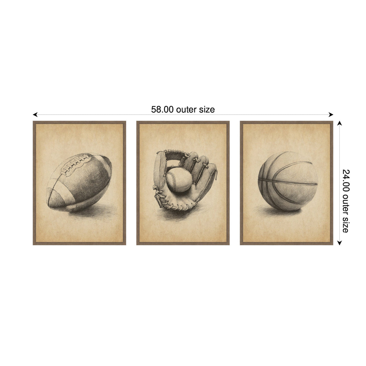 Walnut Antique Football 3 Piece Framed Canvas Wall Art Set by The Creative Bunch Studio