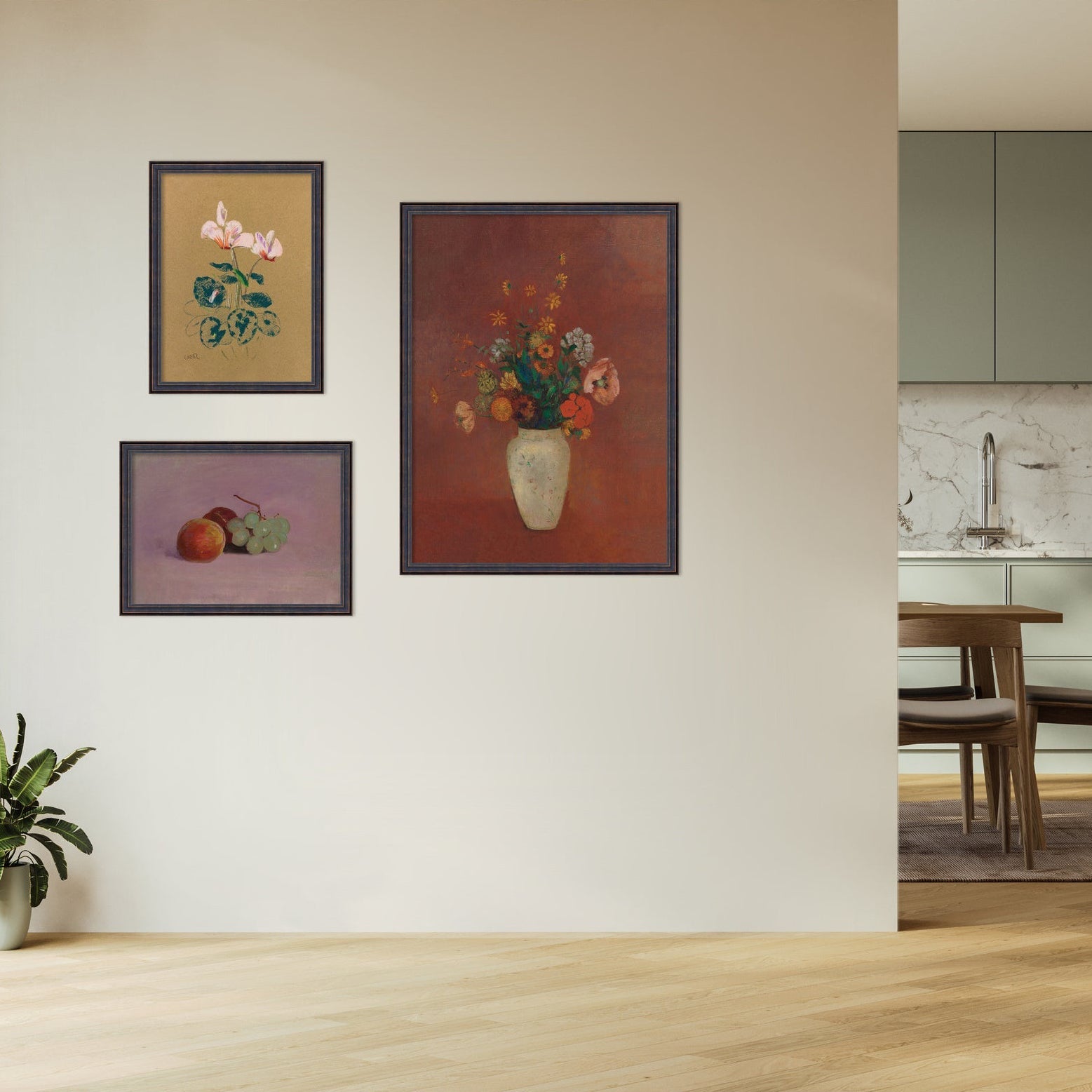 3 Piece Framed Wall Art Print Set (Cyclamen, Still Life with Fruit, & Bouquet in a Chinese Vase)