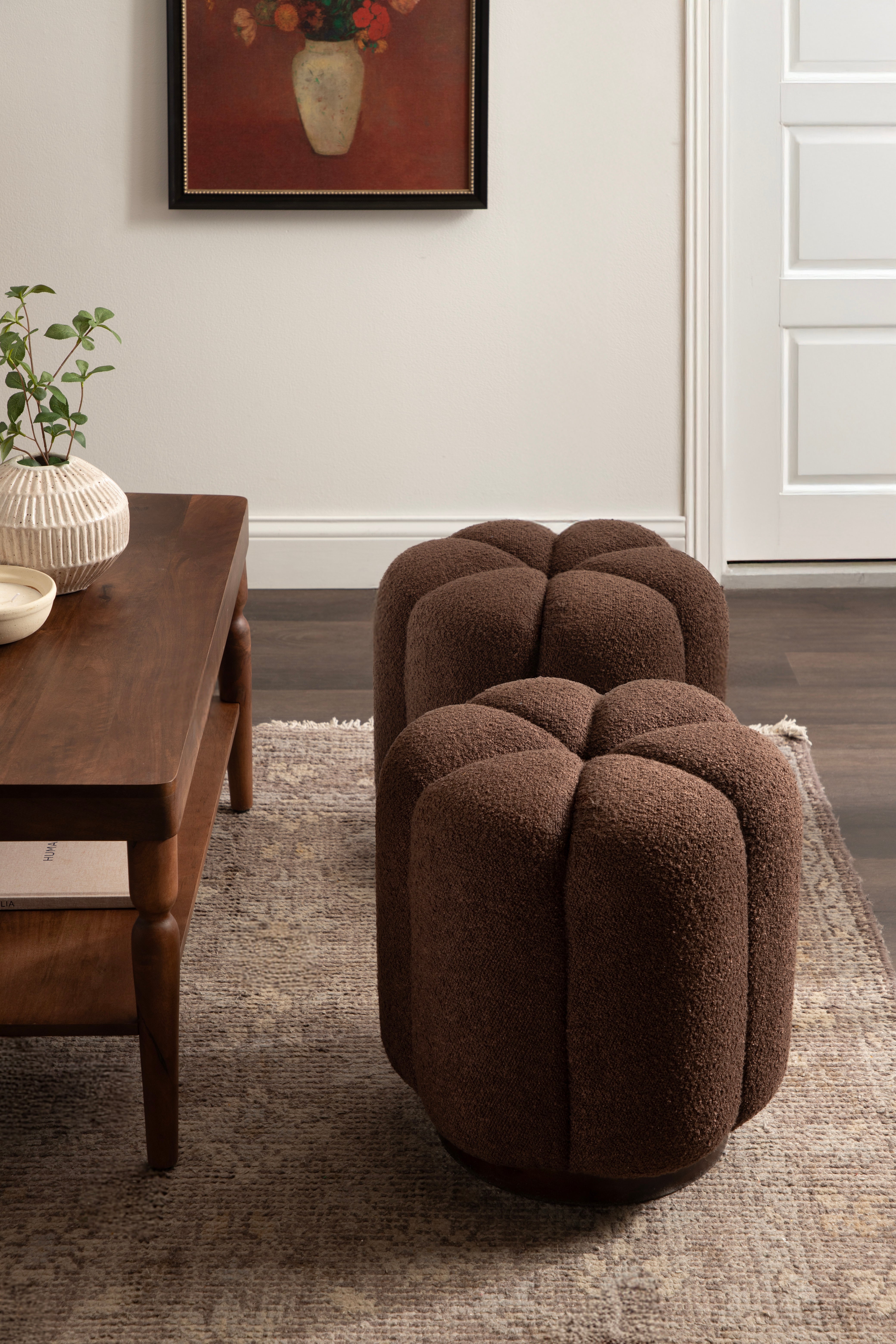 Lucida Round Tufted Ottoman Fabric and Wood