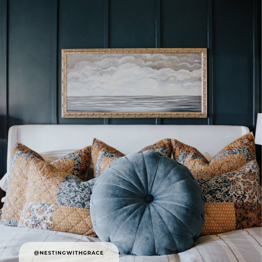 Photo & styling by @nestingwithgrace. Featuring Maiden Voyage canvas size 50 x 40 framed in Antique Gold.
