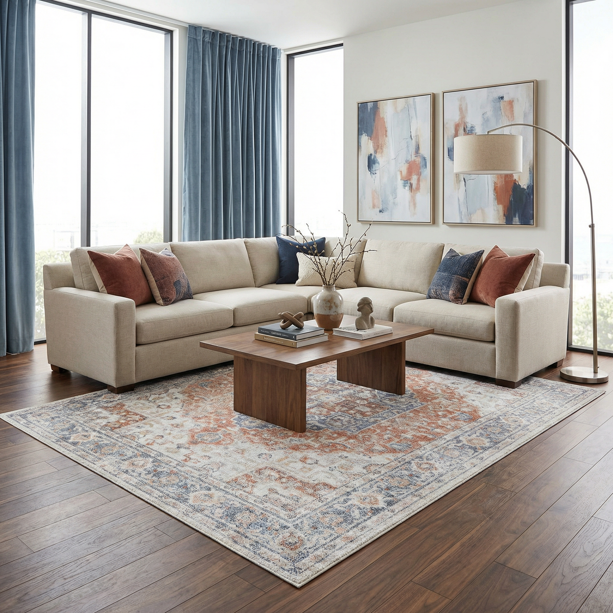 Akram Gray & Orange Washable Area Rug - Clearance