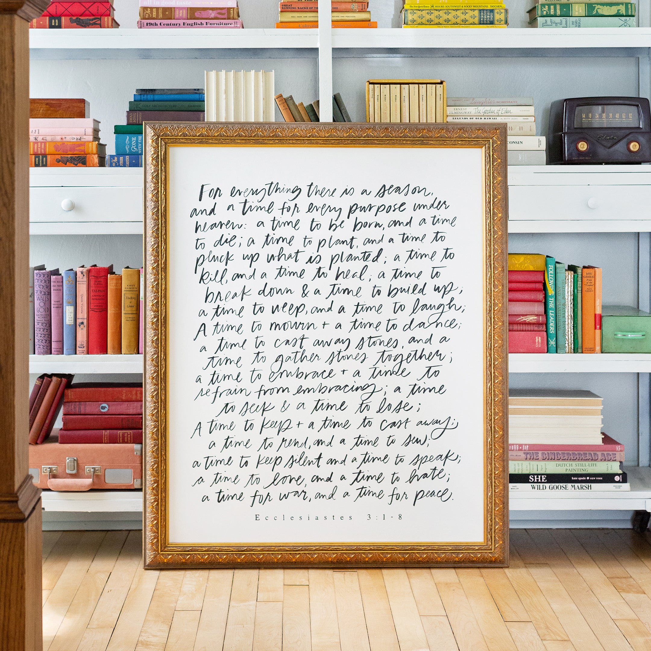 For Everything There is a Season canvas in white framed in Regency Gold, size 30 x 38