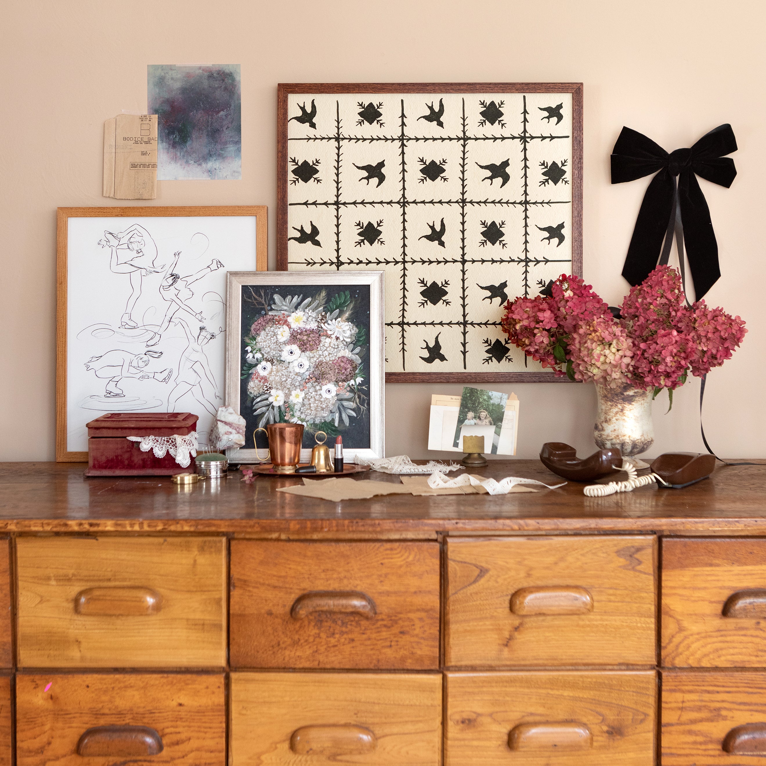 Figure Skater Sketch canvas framed in Shaker Oak, size 16 x 20 with Moonlit Blooms art print framed in vintage frame, size 11 x 14 & Peggy's Sweater canvas framed in Shaker Walnut, size 24 x 24