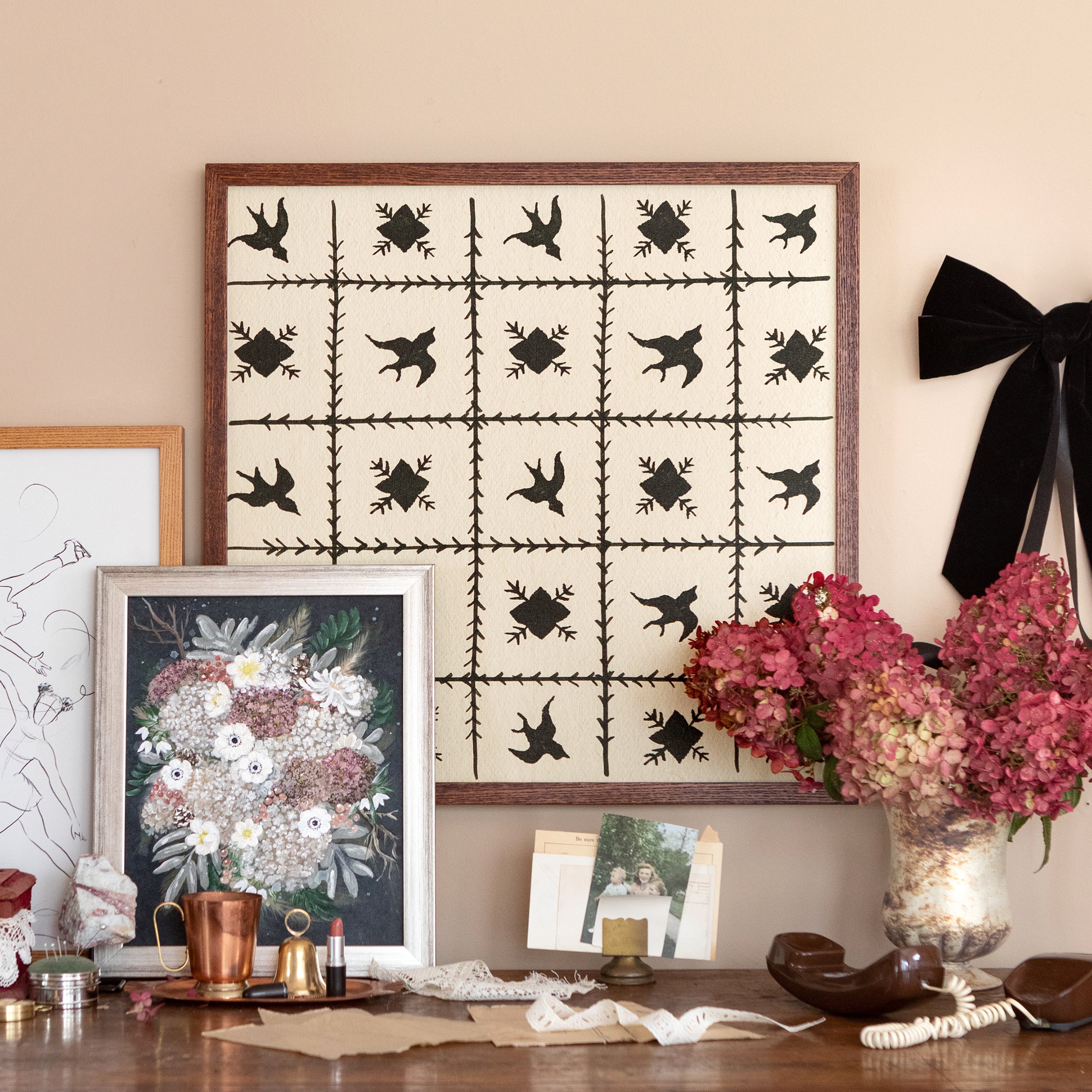 Moonlit Blooms art print framed in vintage frame, size 11 x 14 & Peggy's Sweater canvas print framed in Shaker Walnut, size 24 x 24