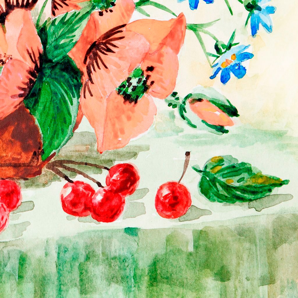Poppies and Cherries Watercolor Design Details