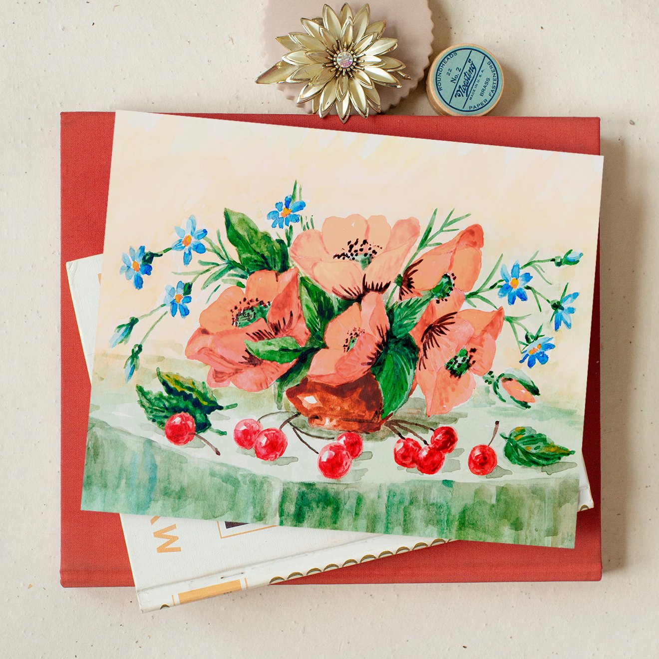 art print of Poppies + Cherries Watercolor, size 10 x 8
