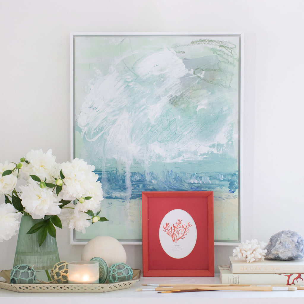 coconut beach in gallery white frame, size 24 x 30. red coral mini art print in vintage frame, size 8 x 10.