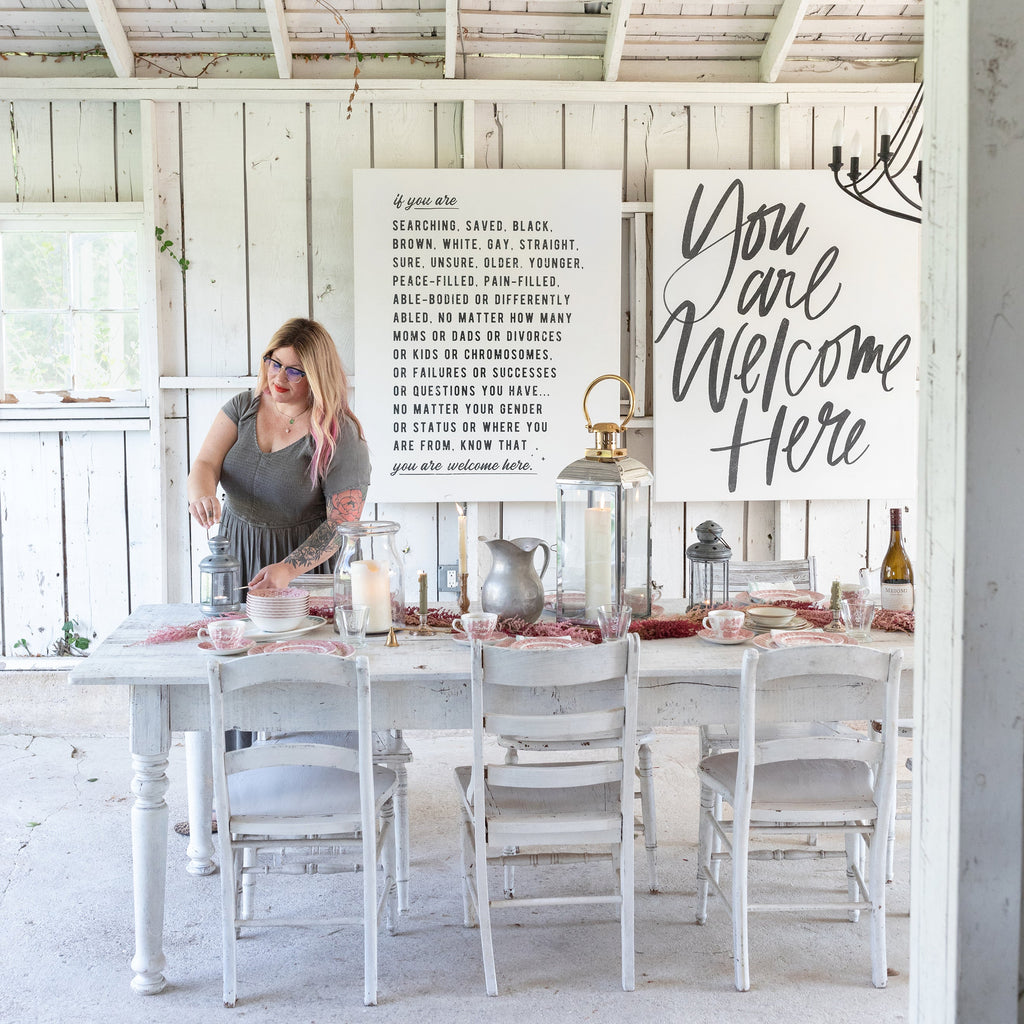 unframed welcome here manifesto type & you are welcome here lettering unframed canvases in alabaster, each sized 40 x 50