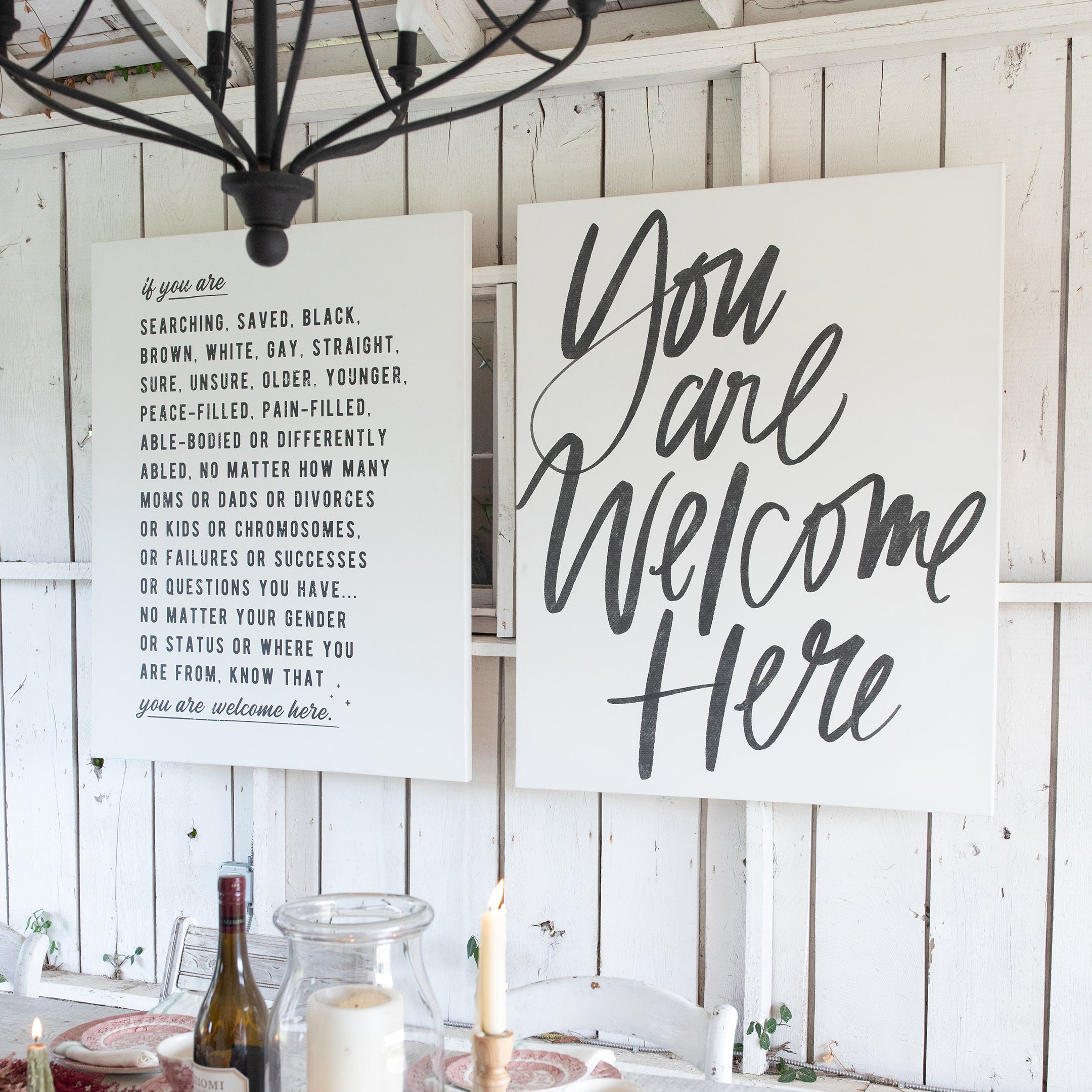 Unframed Welcome Here Manifesto Type & You Are Welcome Here Lettering unframed canvases in Alabaster, each sized 40 x 50