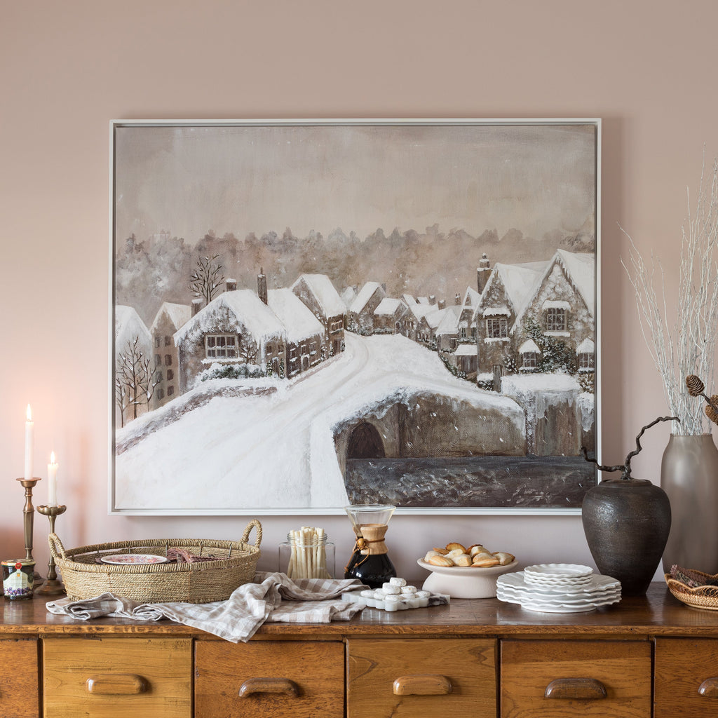 snuggled up village canvas framed in gallery white, size 50 x 40