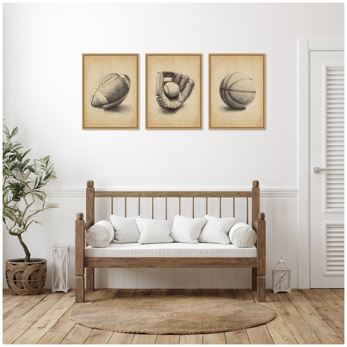Walnut Antique Football 3 Piece Framed Canvas Wall Art Set by The Creative Bunch Studio