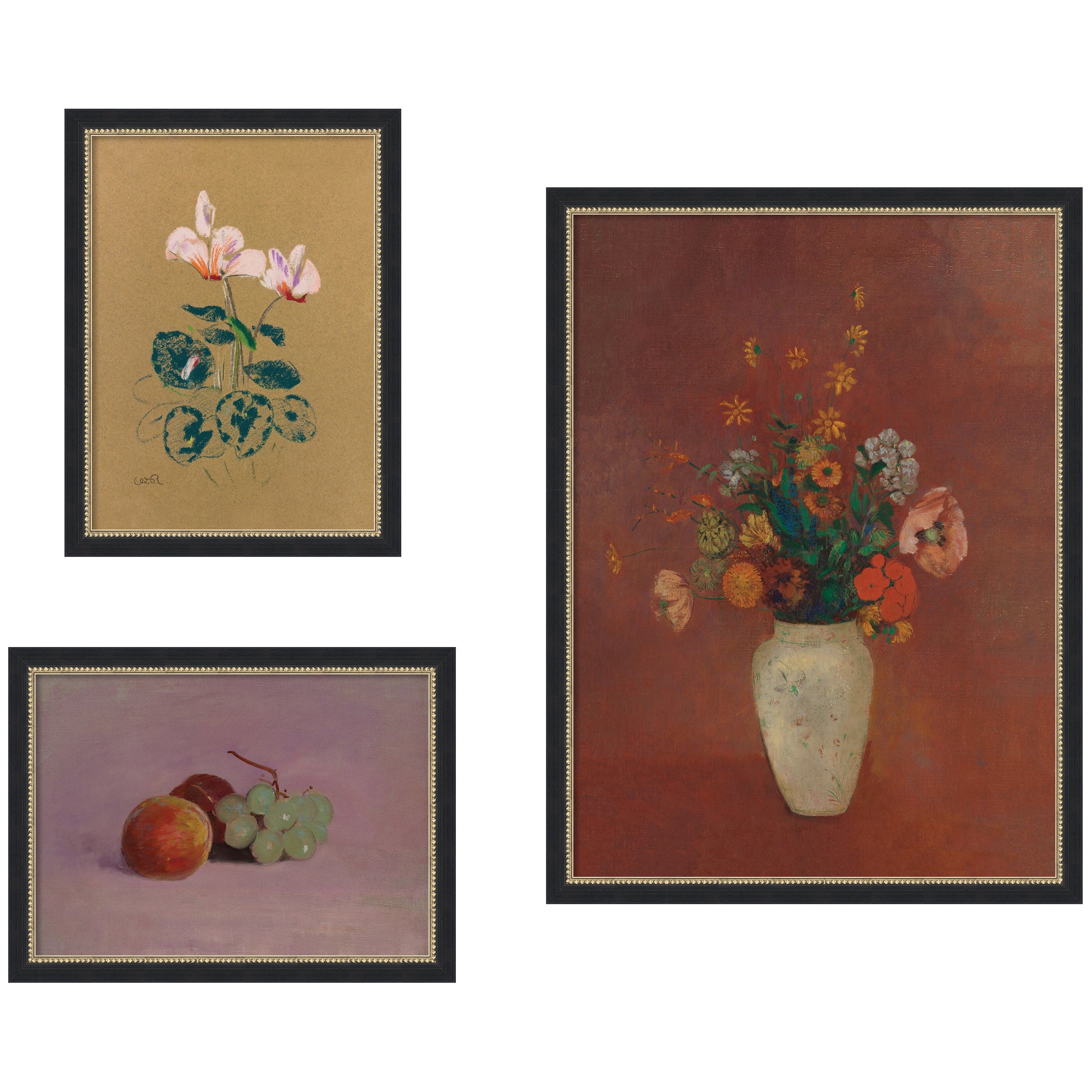 3 Piece Framed Wall Art Print Set (Cyclamen, Still Life with Fruit, & Bouquet in a Chinese Vase)