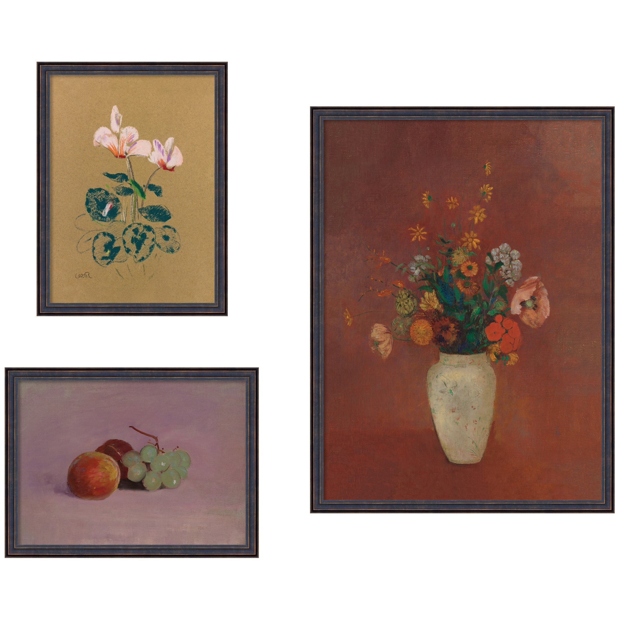3 Piece Framed Wall Art Print Set (Cyclamen, Still Life with Fruit, & Bouquet in a Chinese Vase)