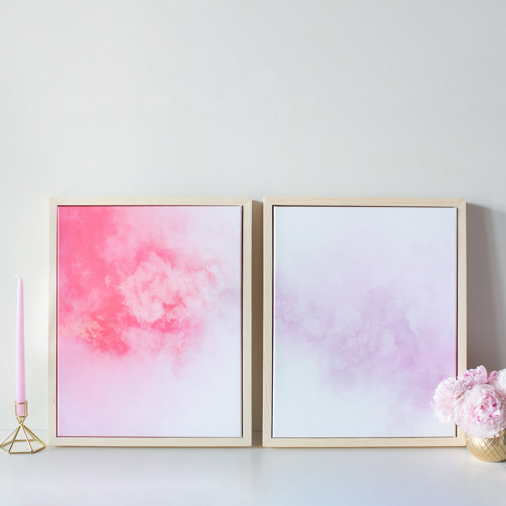 melon bomb & lavender cloud framed in custom gallery natural frames, each sized 16 x 20