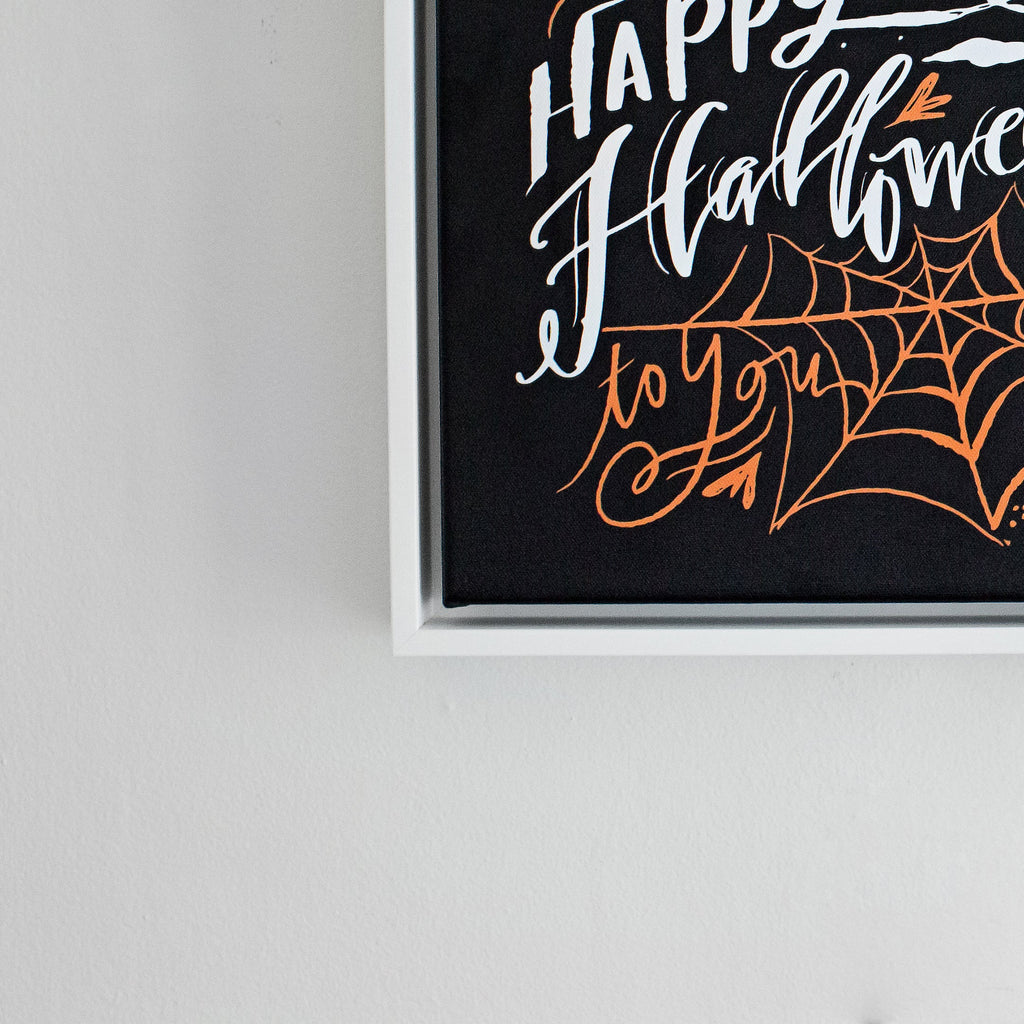 details of happy halloween canvas framed in gallery white, size 12 x 12