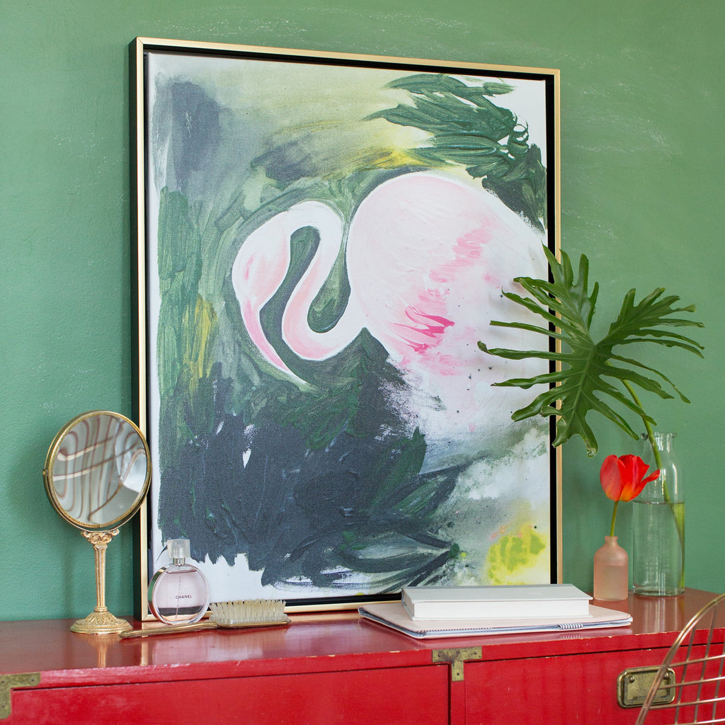 flamingo canvas framed in gallery gold, size 30 x 38