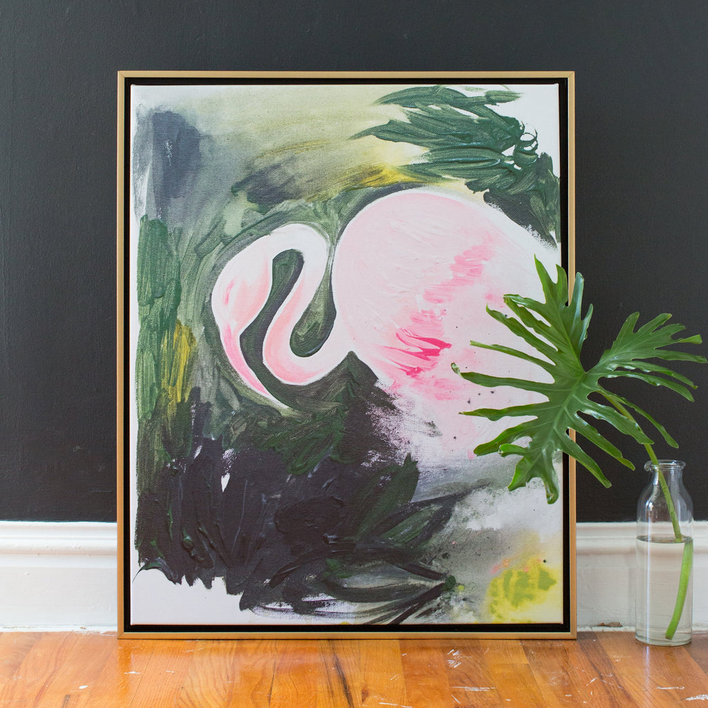 flamingo canvas framed in gallery gold, size 30 x 38