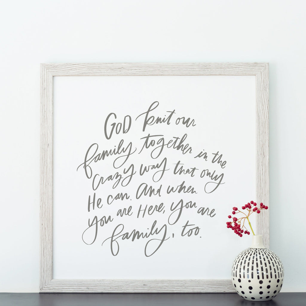god knit our family canvas in white framed in coastal white, size 24 x 24