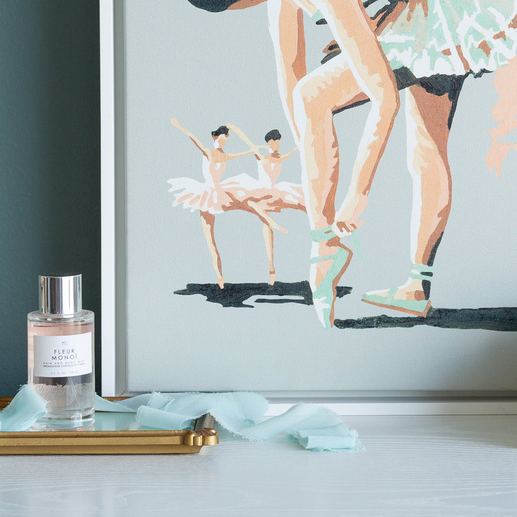 details of minty ballerina paint by number canvas framed in gallery white, size 16 x 20