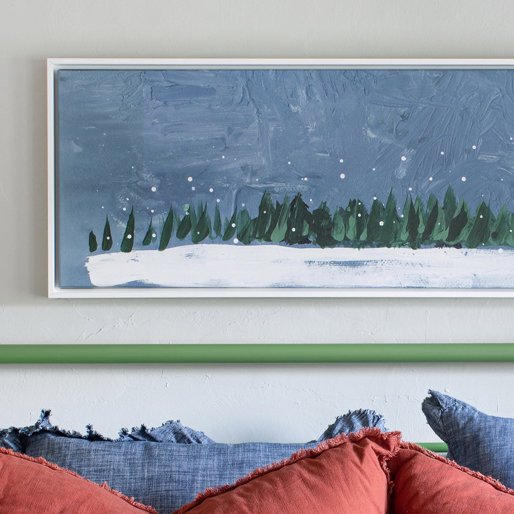 details of petite pano pines canvas framed in gallery white