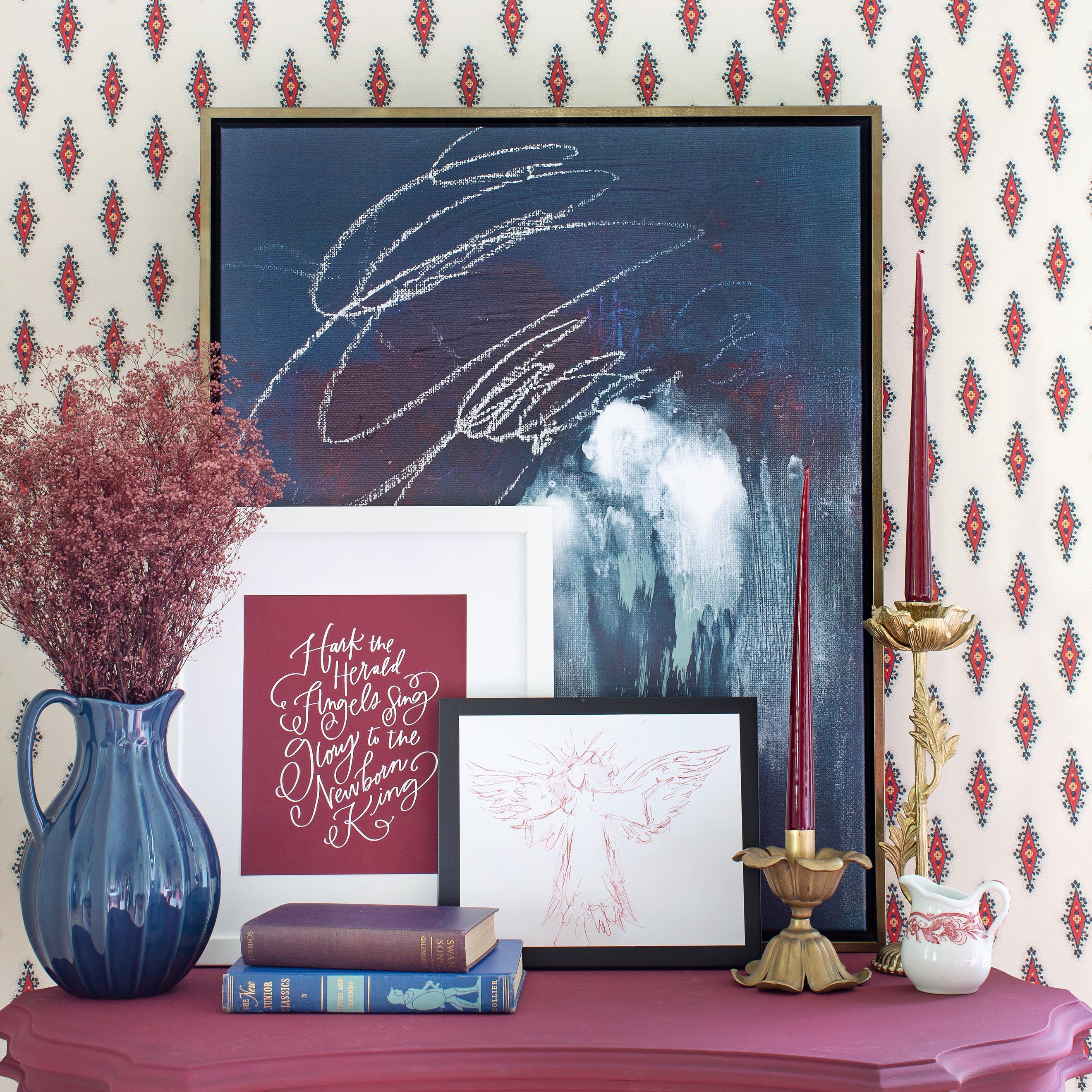 Heavenly Night canvas framed in Gallery Aged Brass, size 30 x 38 with Hark! The Herald Angels Sing in Pomegranate framed art print in White, size 8 x 10 & Messenger Angel unframed art print, size 10 x 8