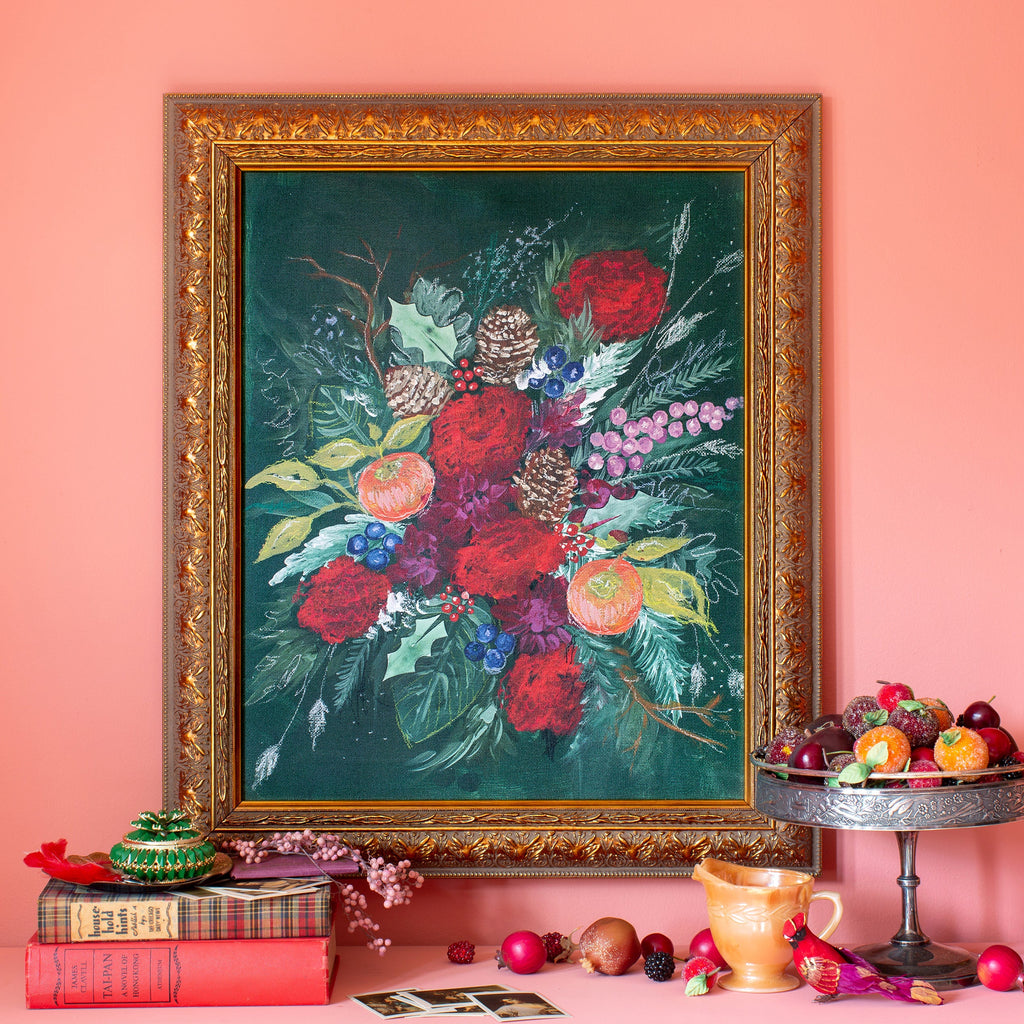 holiday bouquet canvas framed in regency gold, size 16 x 20