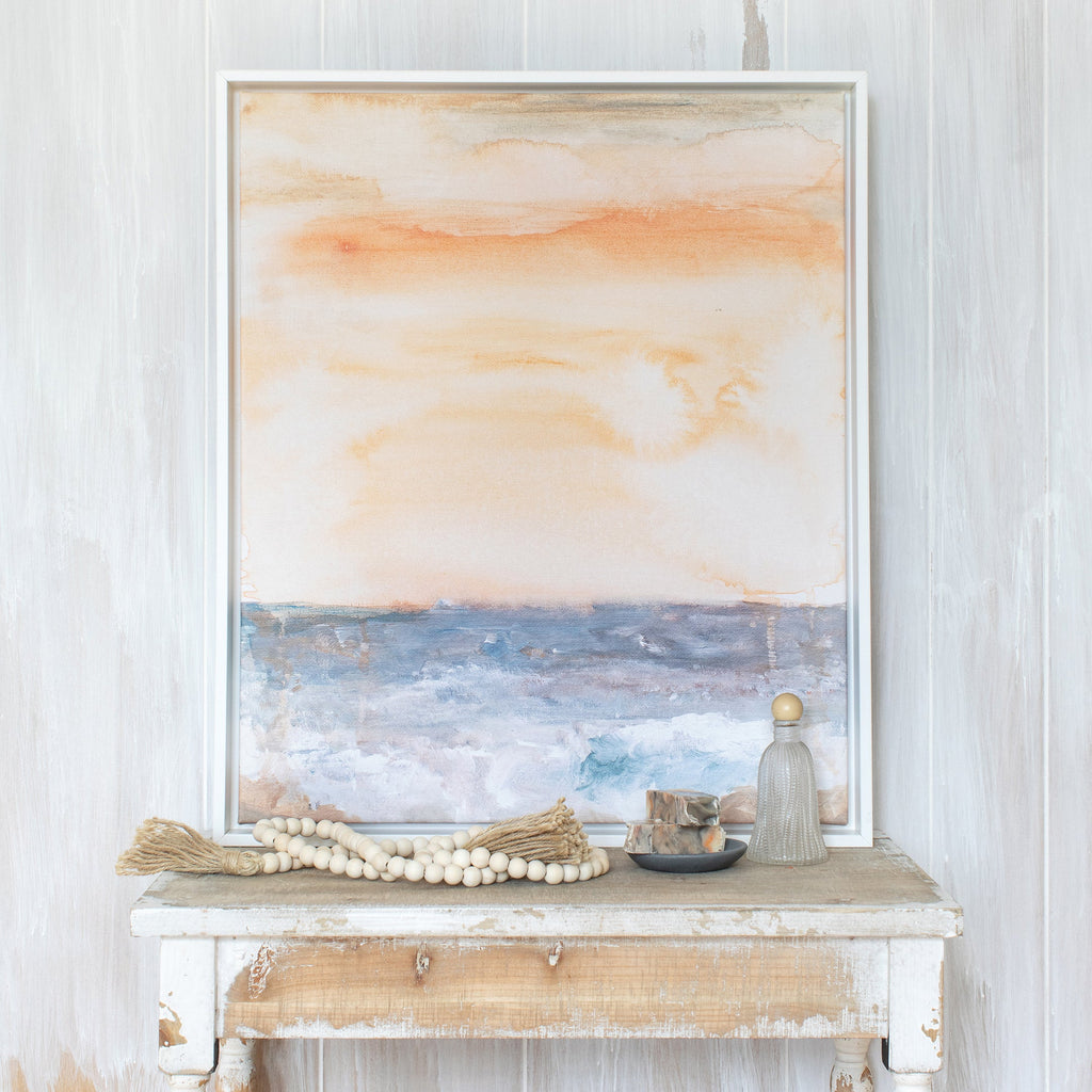 peach sunset canvas print framed in gallery white, size 20 x 24