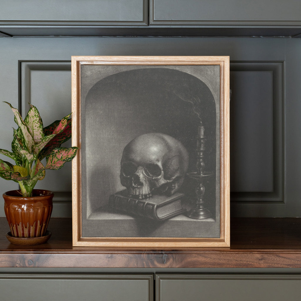 the skull sketch canvas framed in gallery natural, size 11 x 14